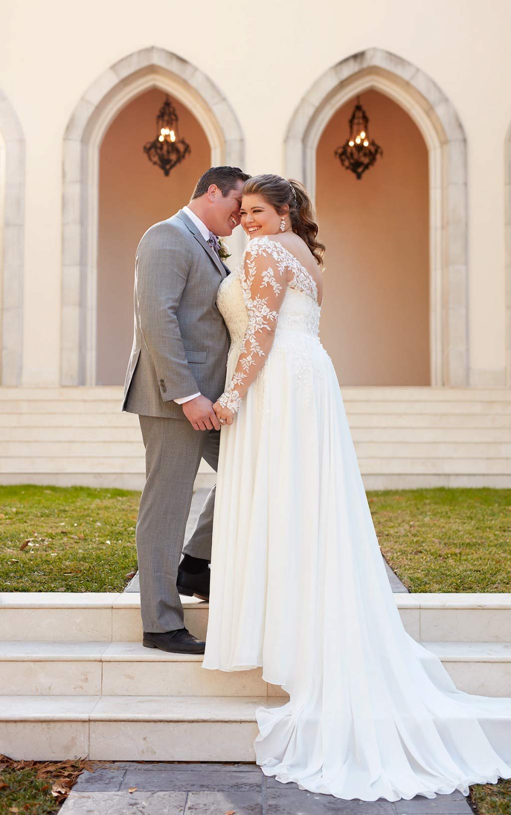 Robe de mariée en mousseline de soie pour femme - Grande taille - Manches longues
