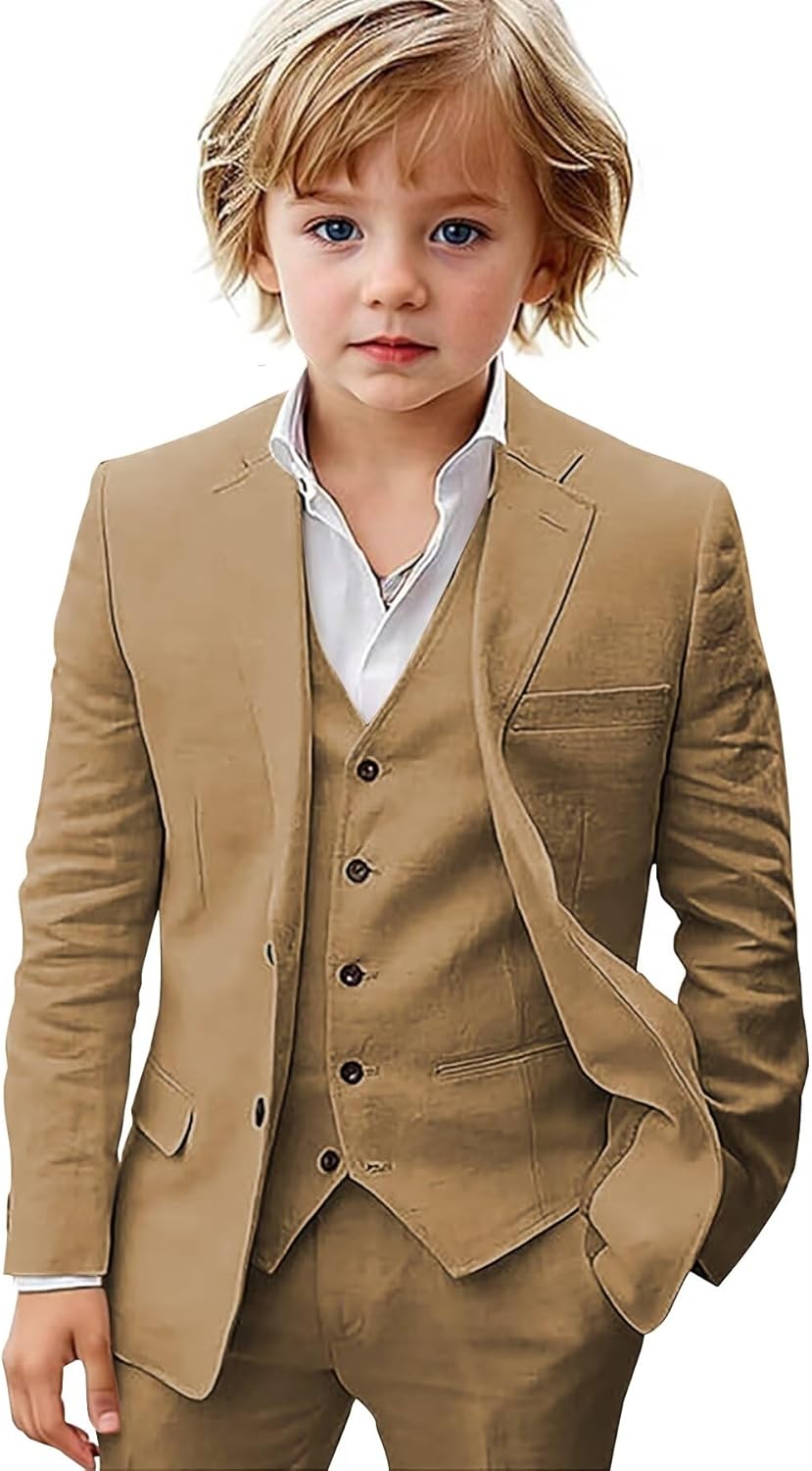 Boys Linen Suit 3 Piece Lightweight Suits for Kids Slim Fit Beach Wedding Jacket Vest Pant Set Prom Tuxedo