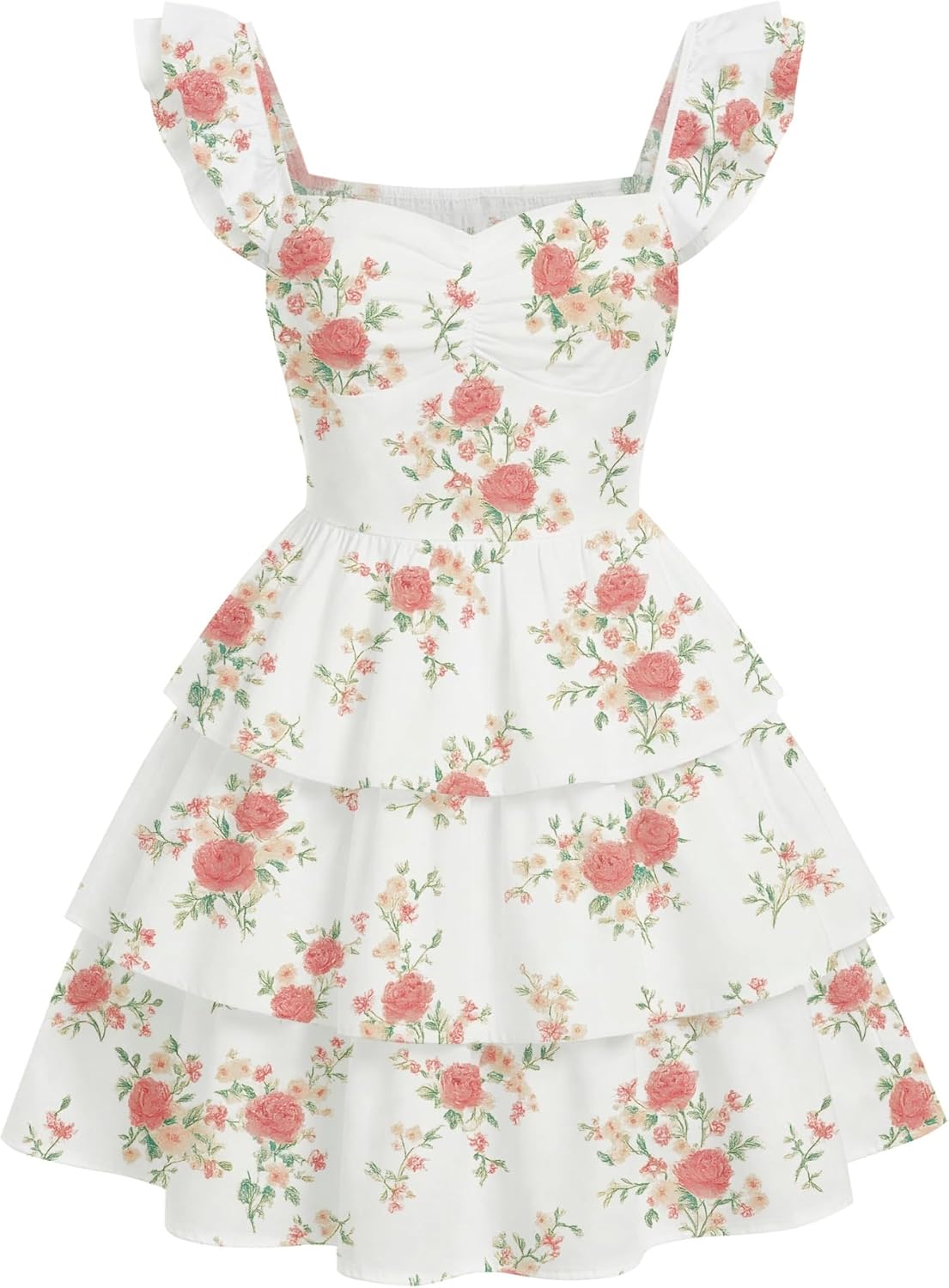EXARUS Girls Padded Floral Dress Easter Summer Ruffle Swing Flowy Spring Casual Sweetheart Smocked Waist A-line Dresses
