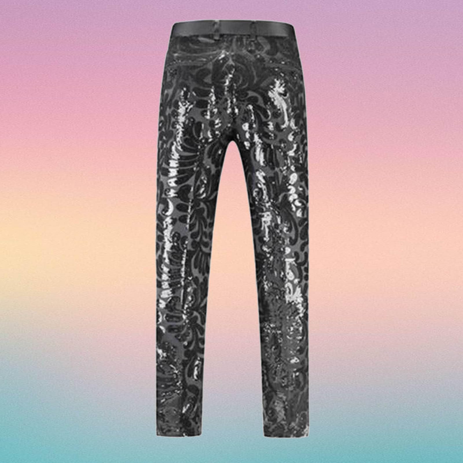 Pantalon à paillettes pour homme - Métallique - Paillettes - Pantalon disco - Pantalon de fête tendance - Avec motif floral - Taille haute - Pantalon de danse pour homme - Mode festival, fête
