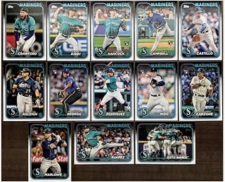 2024 Topps Series 1 Baseball Seattle Mariners Base MLB Hand Collated Team Set in Near Mint to Mint Condition of 13 Cards #12 Bryan WooRC Rookie #36 Prelander Berroa RC Rookie #39 Emerson Hancock RC Rookie #44 Julio Rodriguez #49 J.P. Crawford #54 Luis Castillo #58 Isaiah Campbell RC Rookie #75 George Kirby #122 Cal Raleigh #195 Dominic Canzone RC Rookie #231 Eugenio Suarez #241 Seattle Mariners #286 Cade Marlowe RC Rookie St