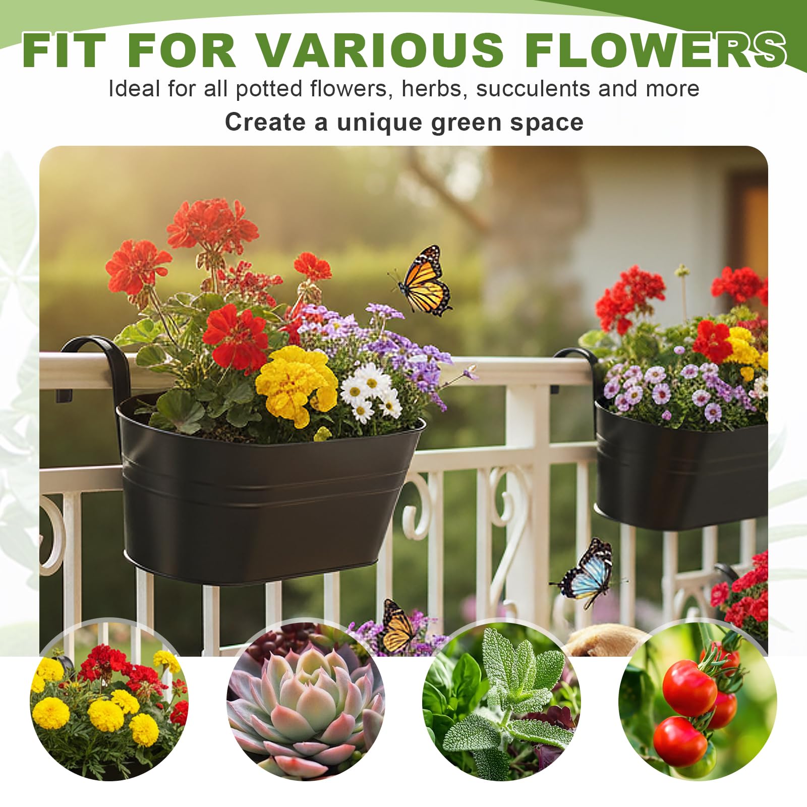 Lot de 6 Pots de Fleurs à Suspendre en Métal, Seaux à Fleurs Suspendre avec Crochet Amovible,Pots Suspendus Balcon Décor avec Set de 3 Outils de Jardinage