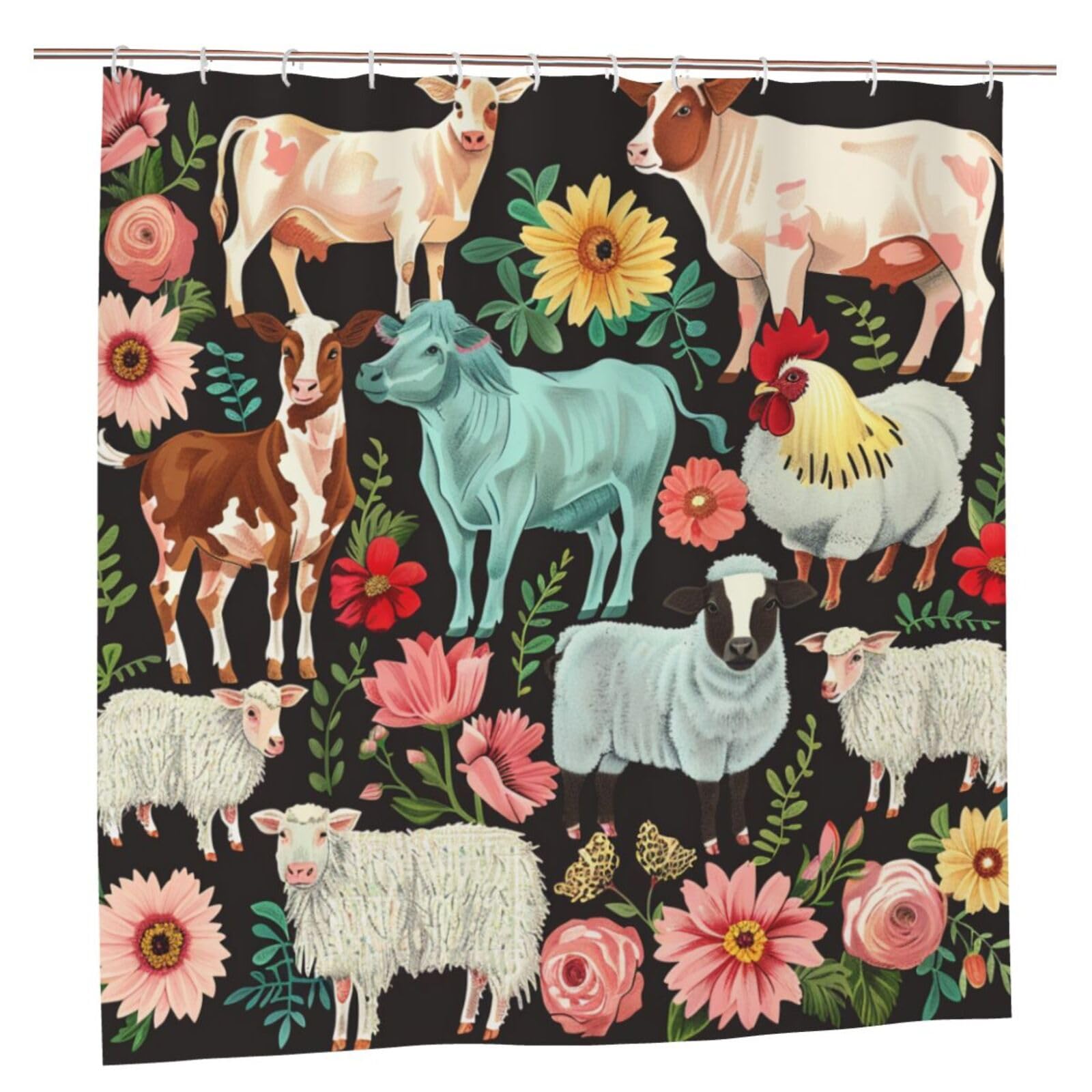 BWWHCCTI Farm Animal Printed Shower Curtain With 12 Plastic Hooks Opaque Quick Drying Waterproof Shower Curtains Sets For Bathroom 183x183 CM
