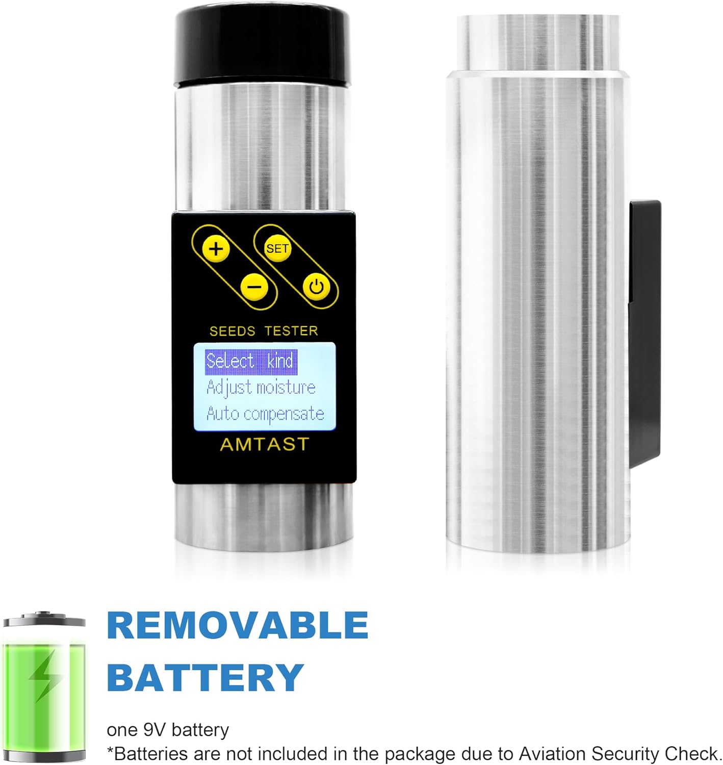 Step-by-step operation guide for the AMTAST Grain Moisture Meter, showing button functions and sample loading.
