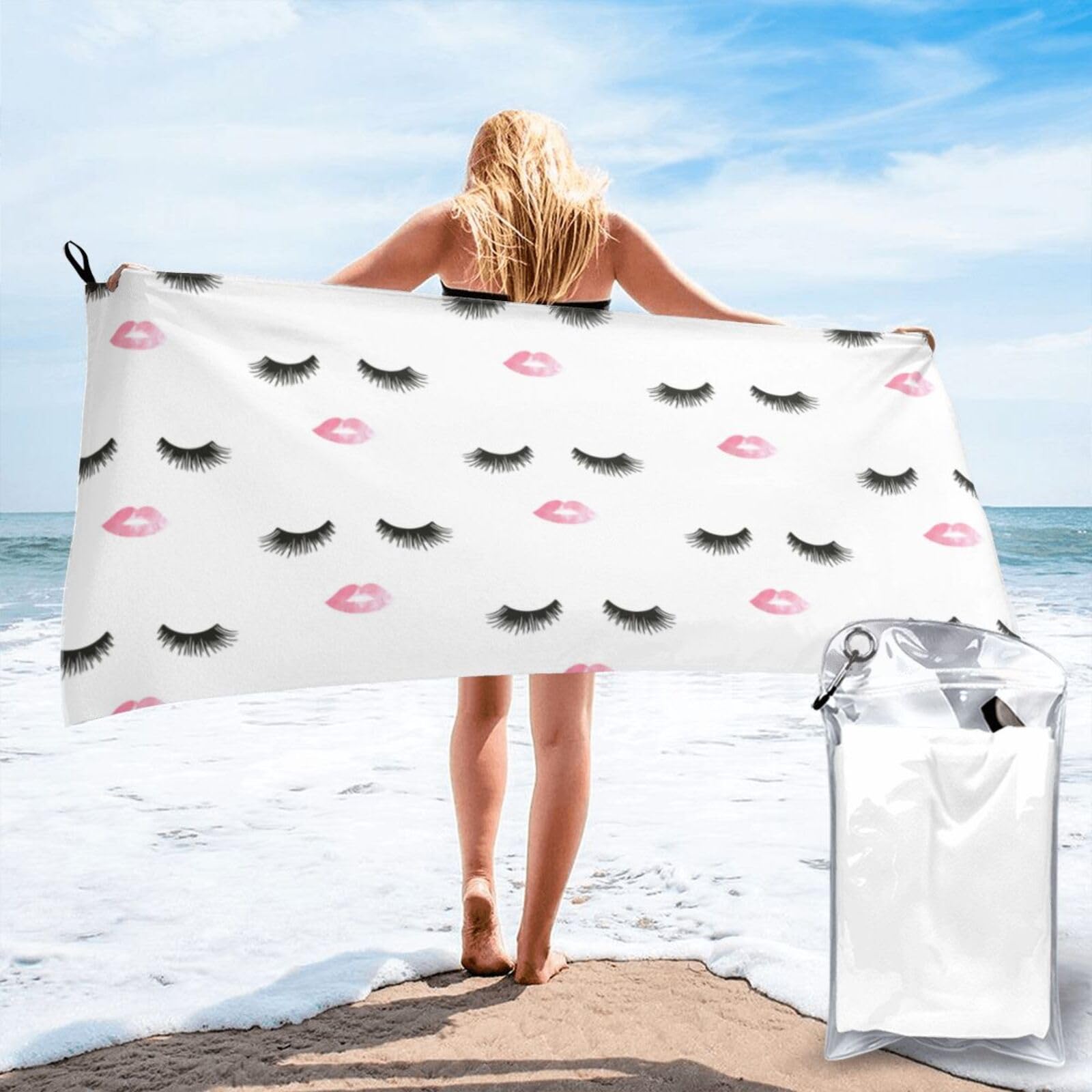 WYCZHY Eyelash Lip White Print Beach Towel Soft Quick Dry For Spa Pool Gym Vacation Travelers Women Men Adults Sauna Gift