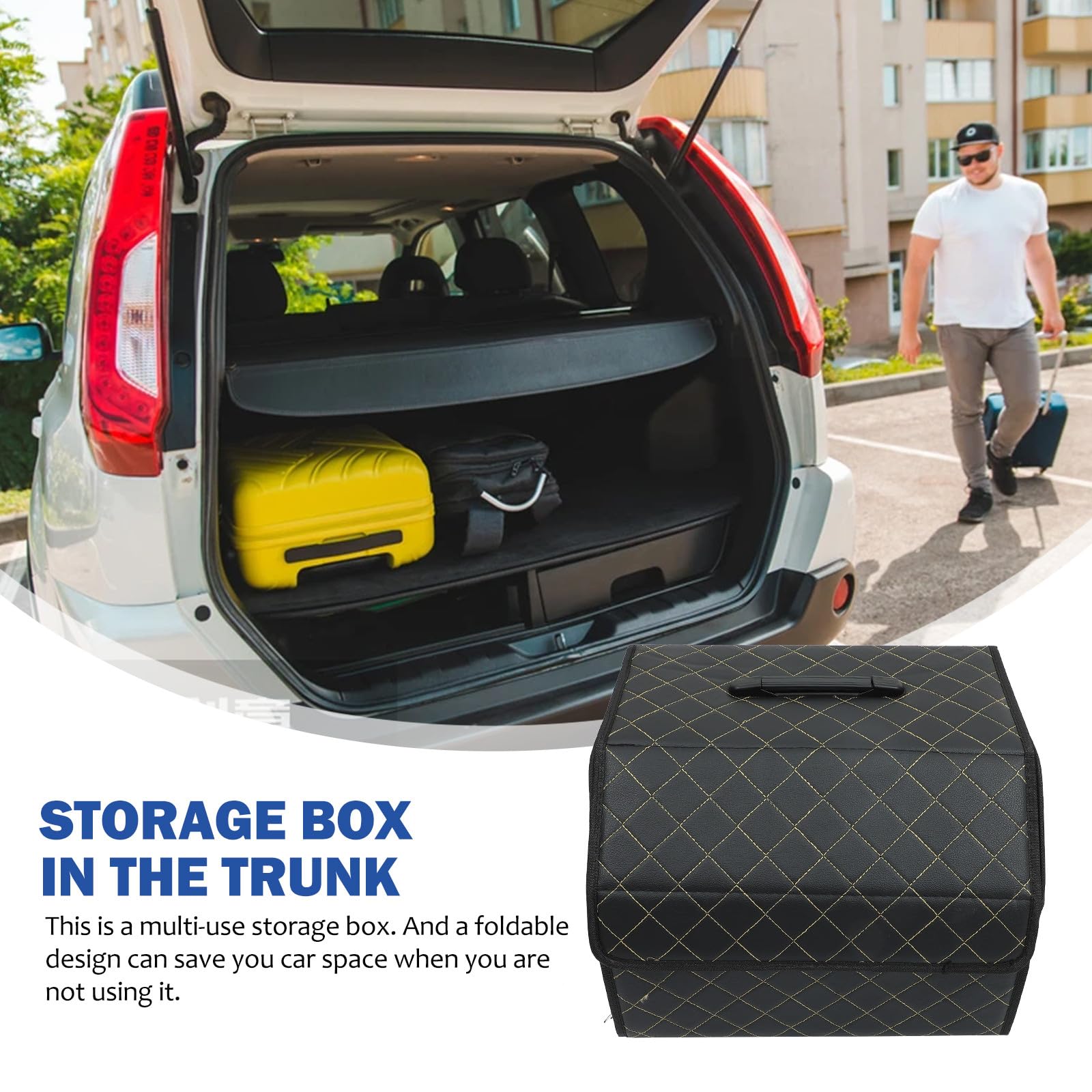 Organizzatore per Bagagliaio Auto Pieghevole in Materiale Sintetico Nero, Scatola Porta Oggetti Coperchio per Auto