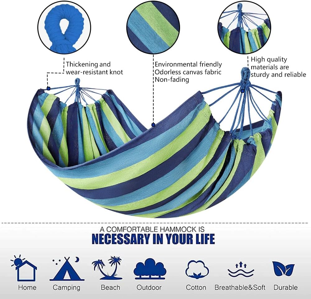 Cotton Canvas Hammock, Comfortable Fabric Camping Hammock with Tree Straps, Up to 440lbs with Travel Bag for Camping Outdoor/Indoor Patio Backyard(Blue&Green, Without bar)