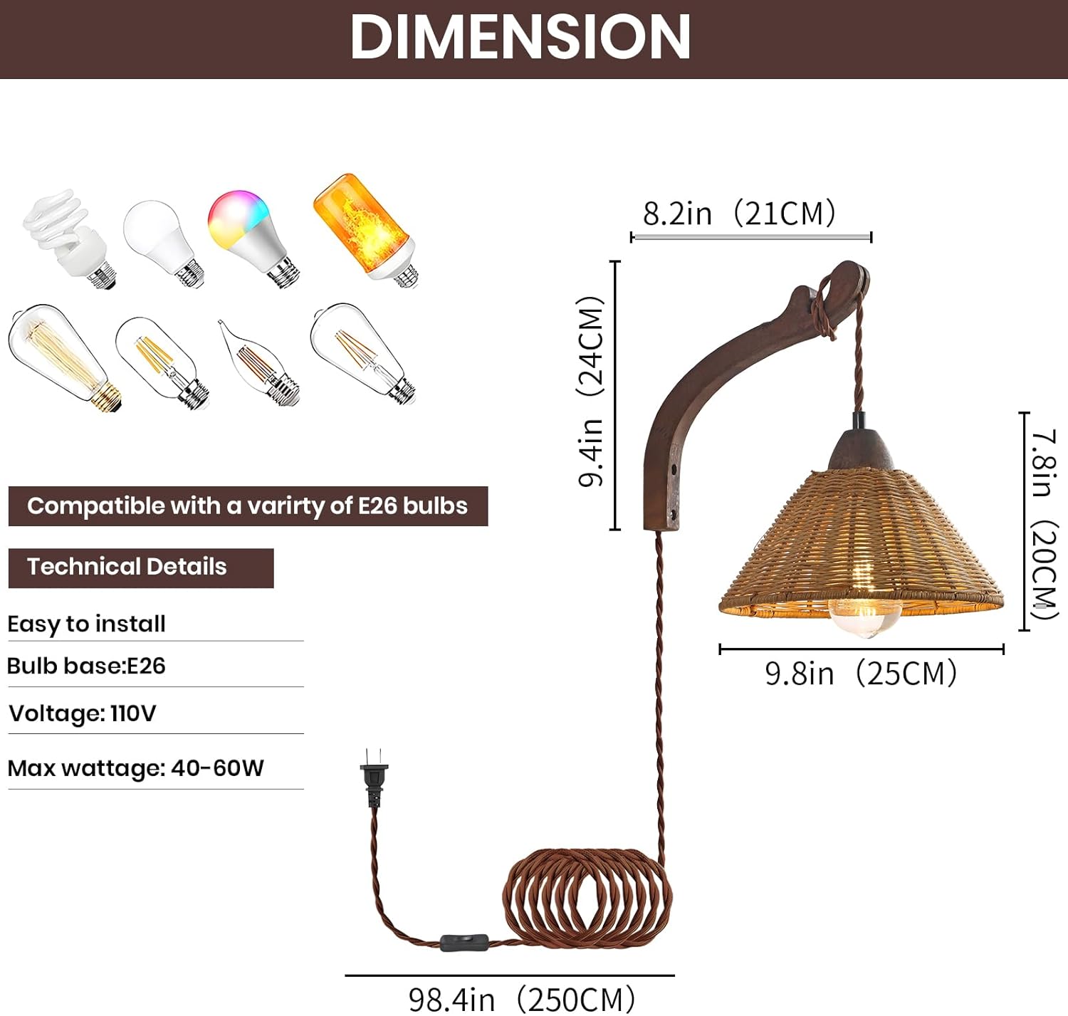 SEEBLEN Plug in Wall Sconce with Rattan Shade - Dark Wood & Natural Boho Wall Lamp, Farmhouse Plug-in Cord, Rustic Mounted Lighting for Bedroom, Headboard, Living Room