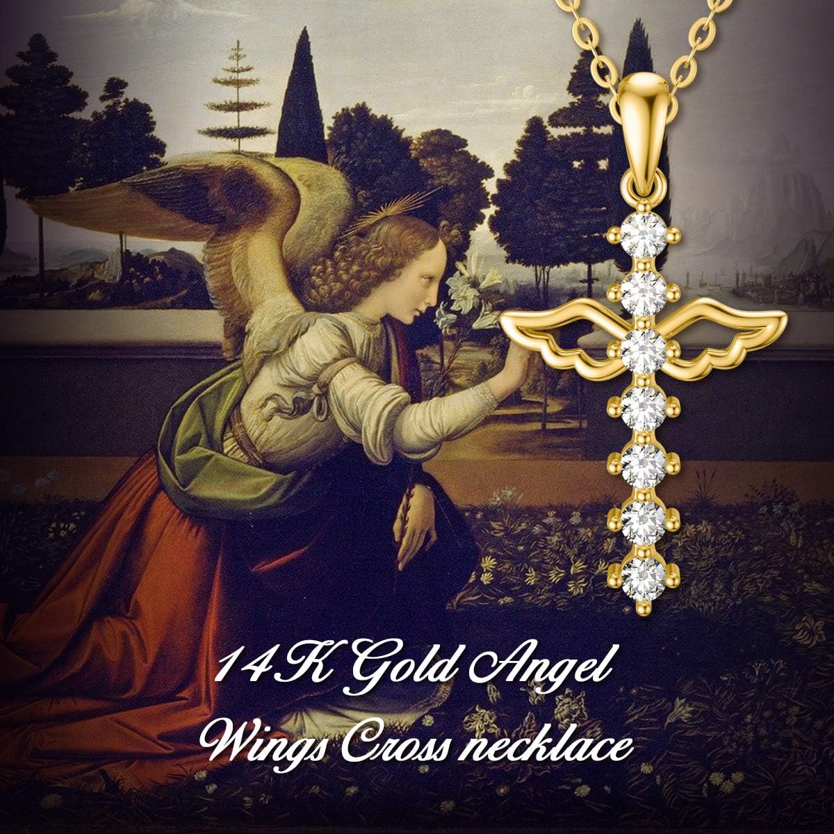SISGEM 14K Real Gold Cross Necklace for Women,Yellow Gold Angel Wings Cross Pendant Necklaces with 5A Cubic Zirconia,Religious Jewelry Anniversary Birthday Gifts for Wife Mom,16''-18''