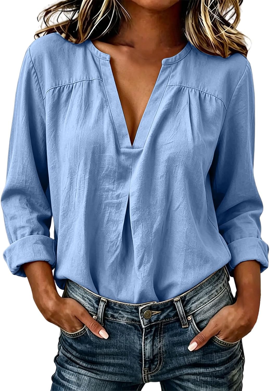 Womens Long Sleeve V Neck Shirts Cotton Linen Spring Trendy Dressy Shirts Business Casual Summer Work Tops Blouses