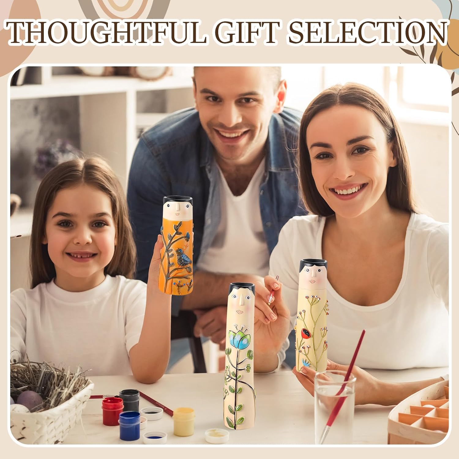 3 pcs Spring Family Bud Vases Bohemian Family Resin Vase Girls Face Cute Hand Painted Character Vase for Home Decor Personalized Living Room Decor(ACG)