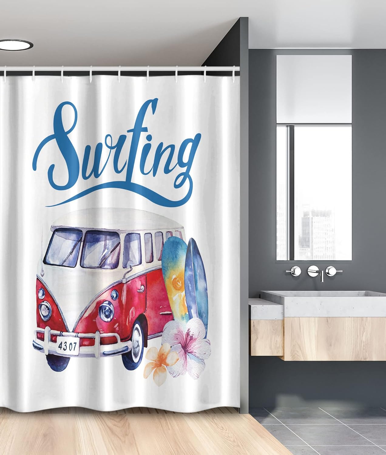 Ambesonne Surfboard Stall Shower Curtain, Beach Holiday Tropical Surfing Time Bus Shell Flower Hibiscus, Fabric Bathroom Decor Set with Hooks, 54" W x 78" L, Slate Blue White Red