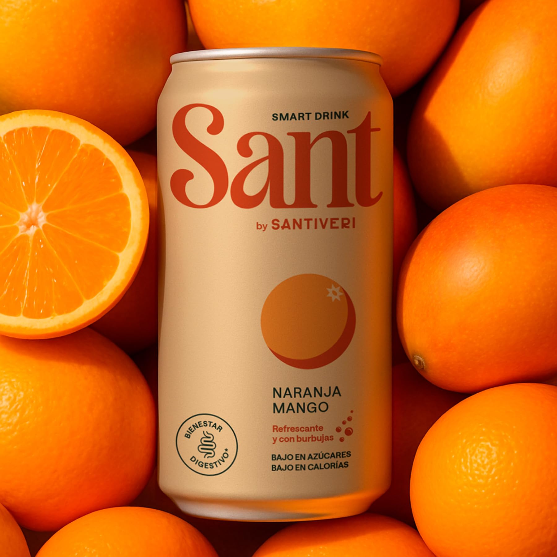 Santiveri - SANT Smart Drink, Bebida con Zumo Natural de Frutas y Fibra Prebiótica, Bajo en Calorías, Sin Azúcares, Ni Edulcorantes Artificiales - 12 Latas x 330 ml (Pack de 12, Naranja-Mango)