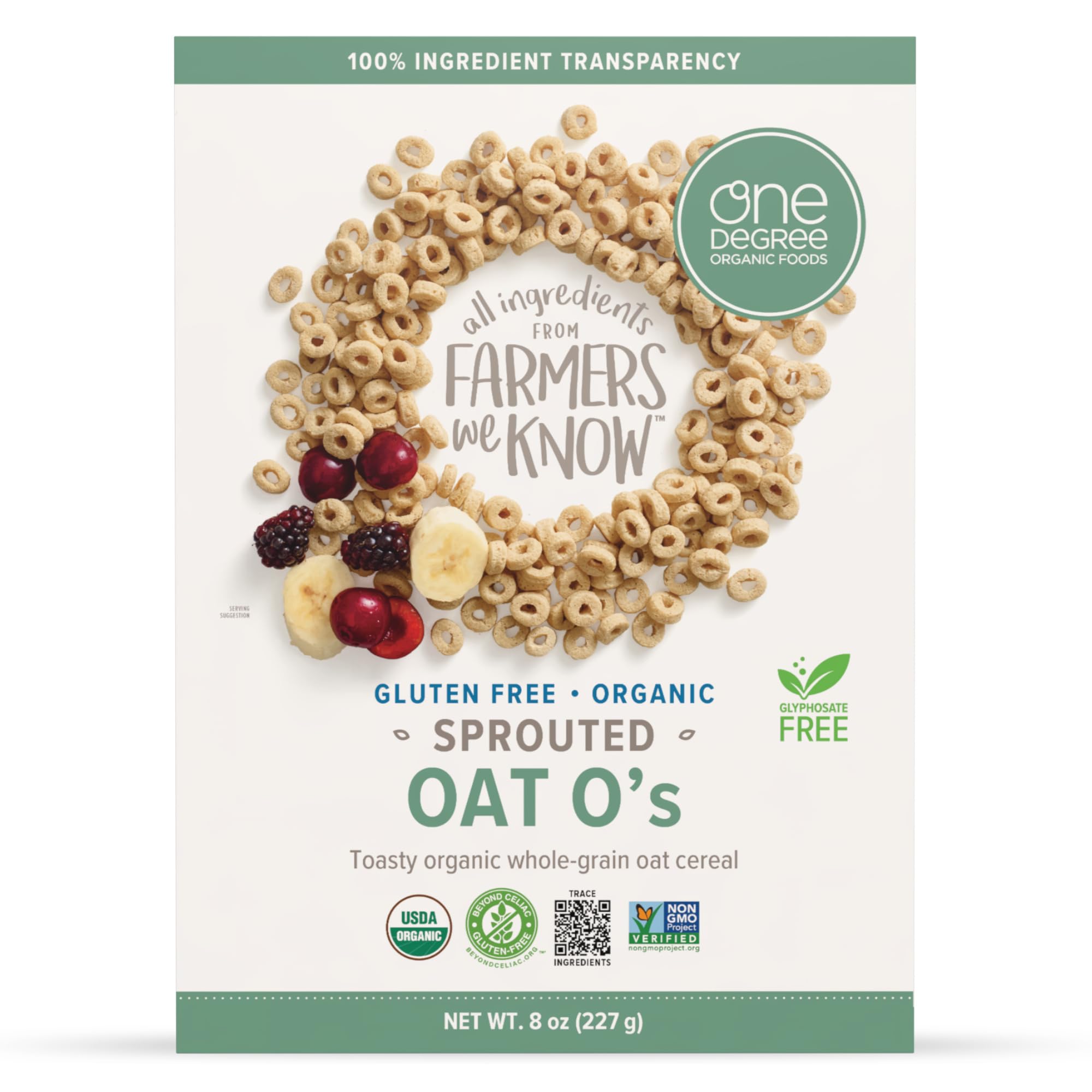 One Degree Organics Sprouted Oat O's Whole Grain Cereal, 8oz, 6-Pack