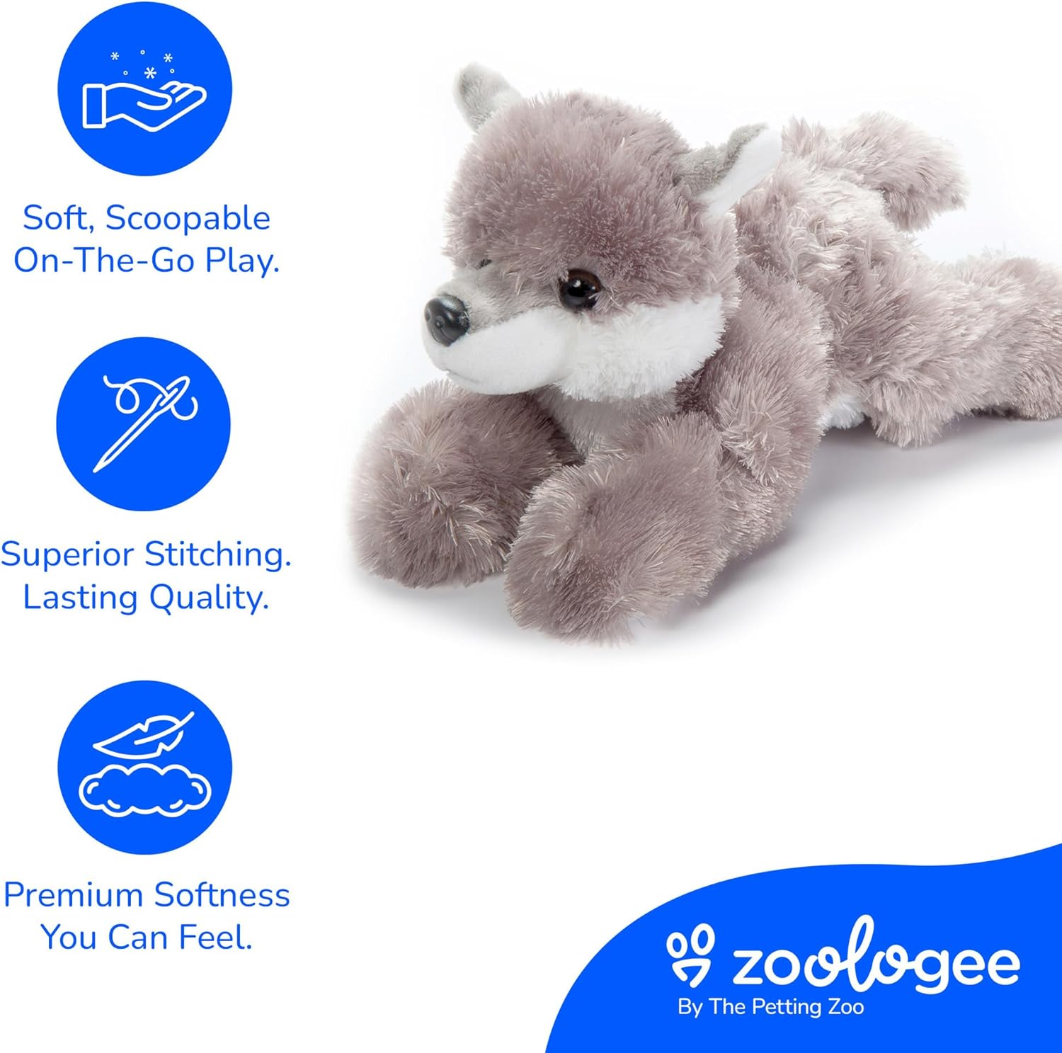 The Petting Zoo Grey Wolf Stuffed Animal Plushie, Gifts for Kids, Scoopz Wildlife Animals, Wolf Plush Toy, 8 inches