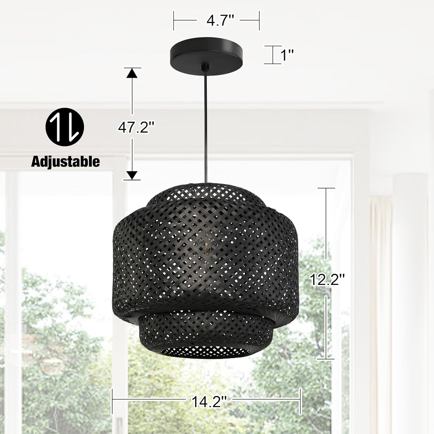 Flush Mount Ceiling Light with Plug in Adjustable Bulb Cord Bamboo Lamp Shade for Kitchen Island Bedroom Hallway Entryway Farmhouse Living Room, 2 Pack
