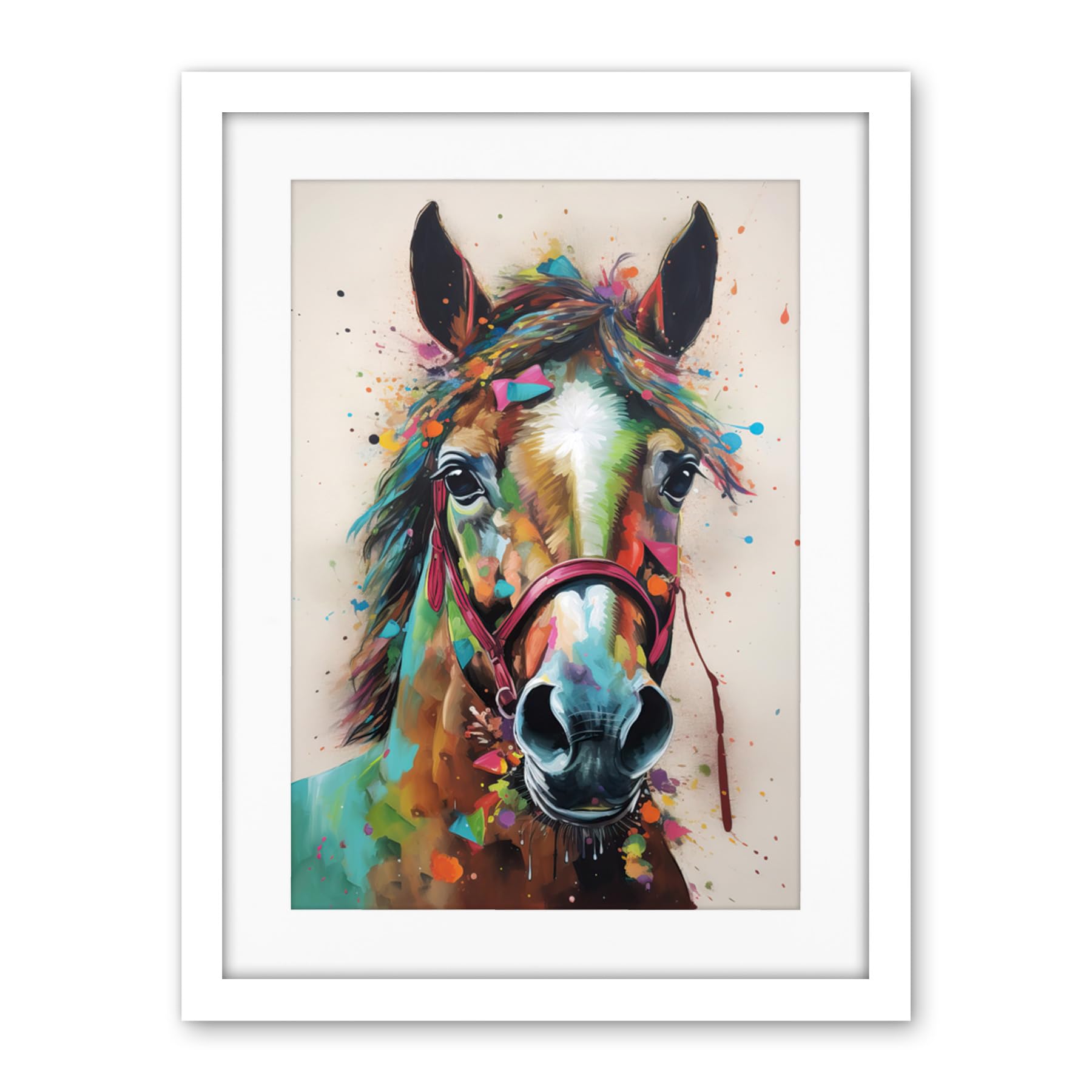 Artery8 Horse Multicoloured Spray Paint and Oil Painting Artwork Framed Wall Art Print 18X24 Inch