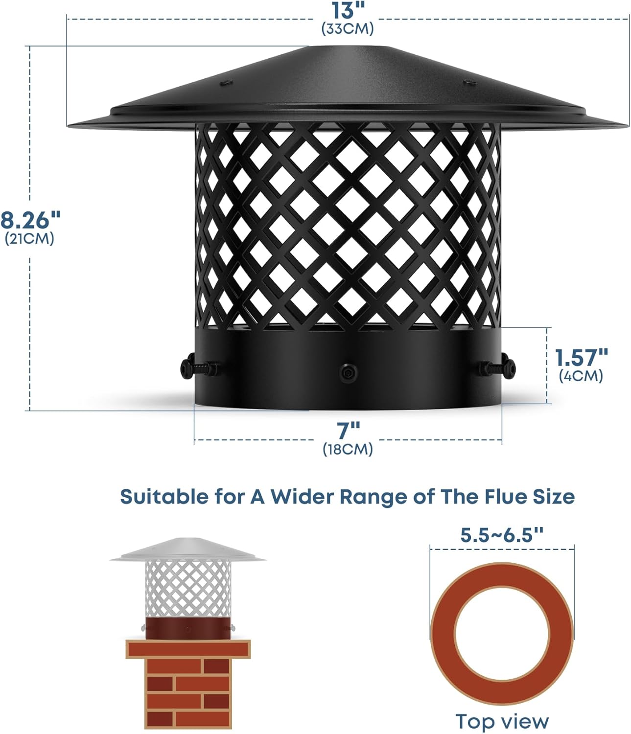 Stanbroil 6" Chimney Cap, Fireplace Round Chimney Cover for Outside Adjustable Bottom to Fit Existing Clay Flue Tile Sizes, Chimney Flue Rain Caps