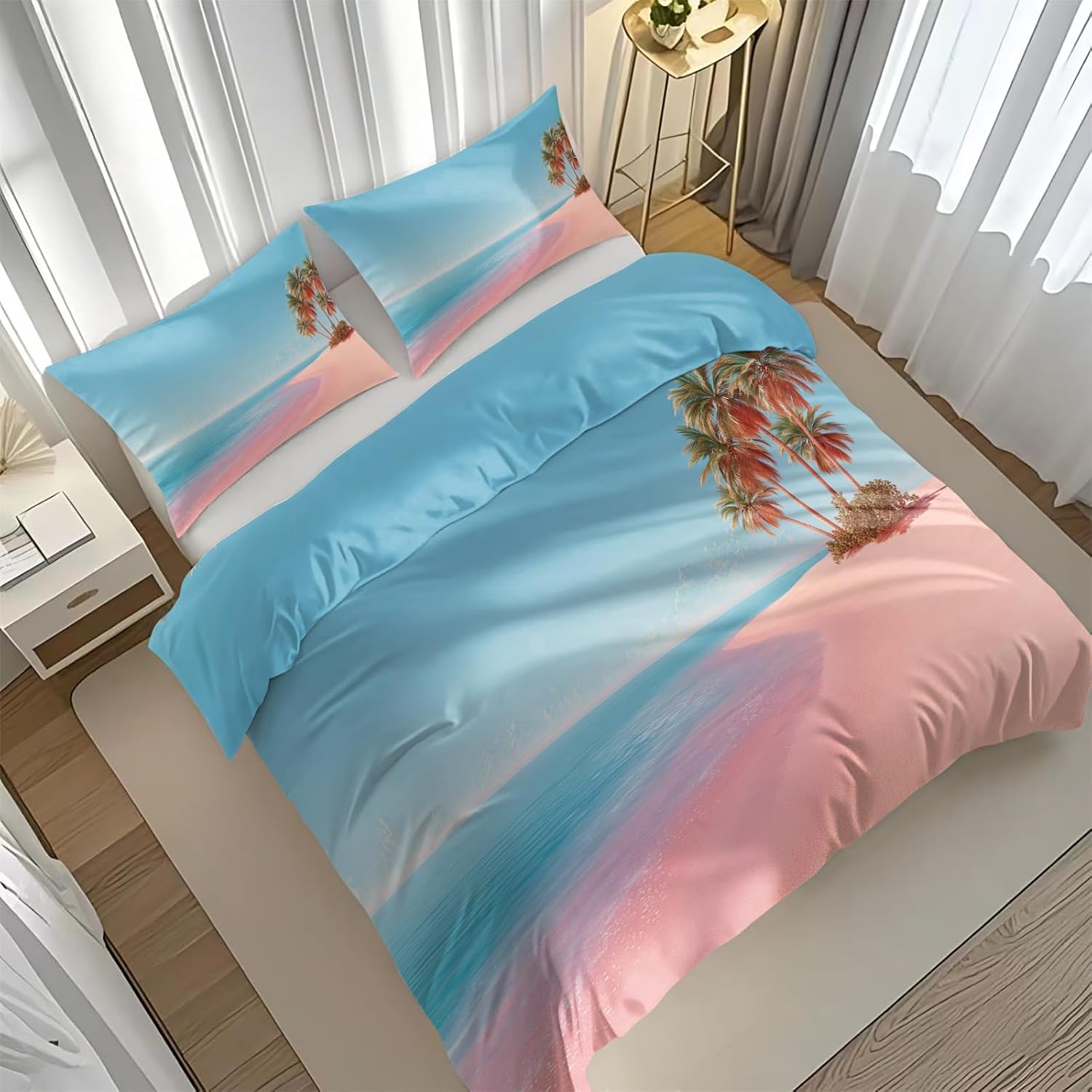 Funda Nórdica Cama 105 Palmeras De Playa Reversible Funda de Edredón 135 x 200 cm Isla Tropical Juego de Ropa de Cama 3 Piezas en Microfibra Transpirable con Cremallera y 2 Fundas d-1024