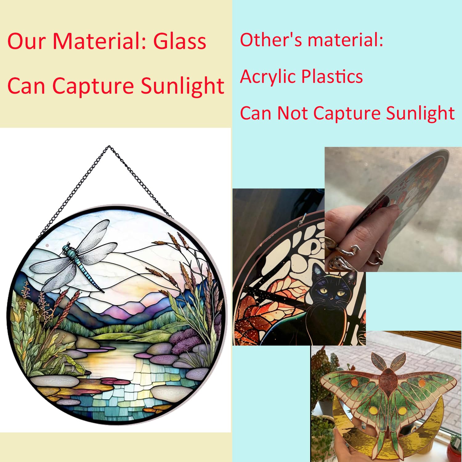 Payutou River and Dragonfly Pattern Suncatcher Stained Glass,Hanging Stained Glass for Windows,20cm/7.87inch Hand-Painted Sun Catcher Garden Hangings Painted Glass Panel Decor Themed Gift - Image 4
