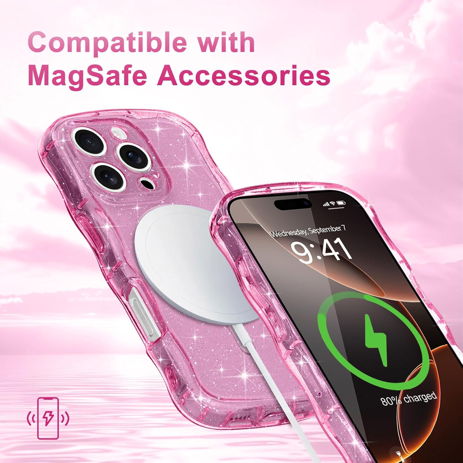 Magnetic for iPhone 16 Pro Max Case Clear, Sparkly Bling Glitter Cute Curly Wave Bumper Cover for Women Girls Compatible with MagSafe TPU Shockproof Phone Case for iPhone 16 Pro Max, Hot Pink - Image 6