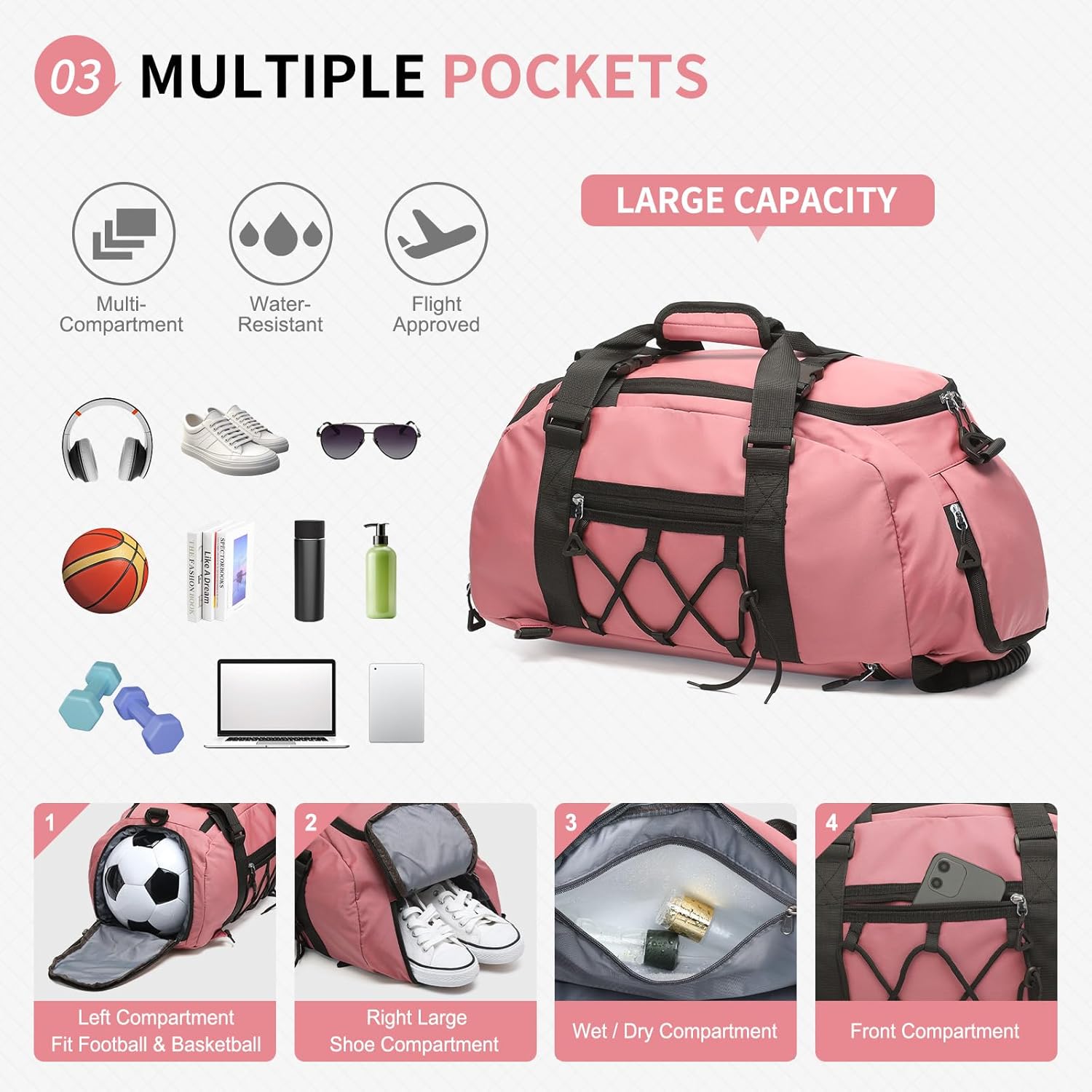 Unisex Travel Duffle Bag for Men Women, Waterproof Gym Bag with Shoe Compartment & Football Compartment, 32L Carry on Bag for Sports & Fitness, Pink
