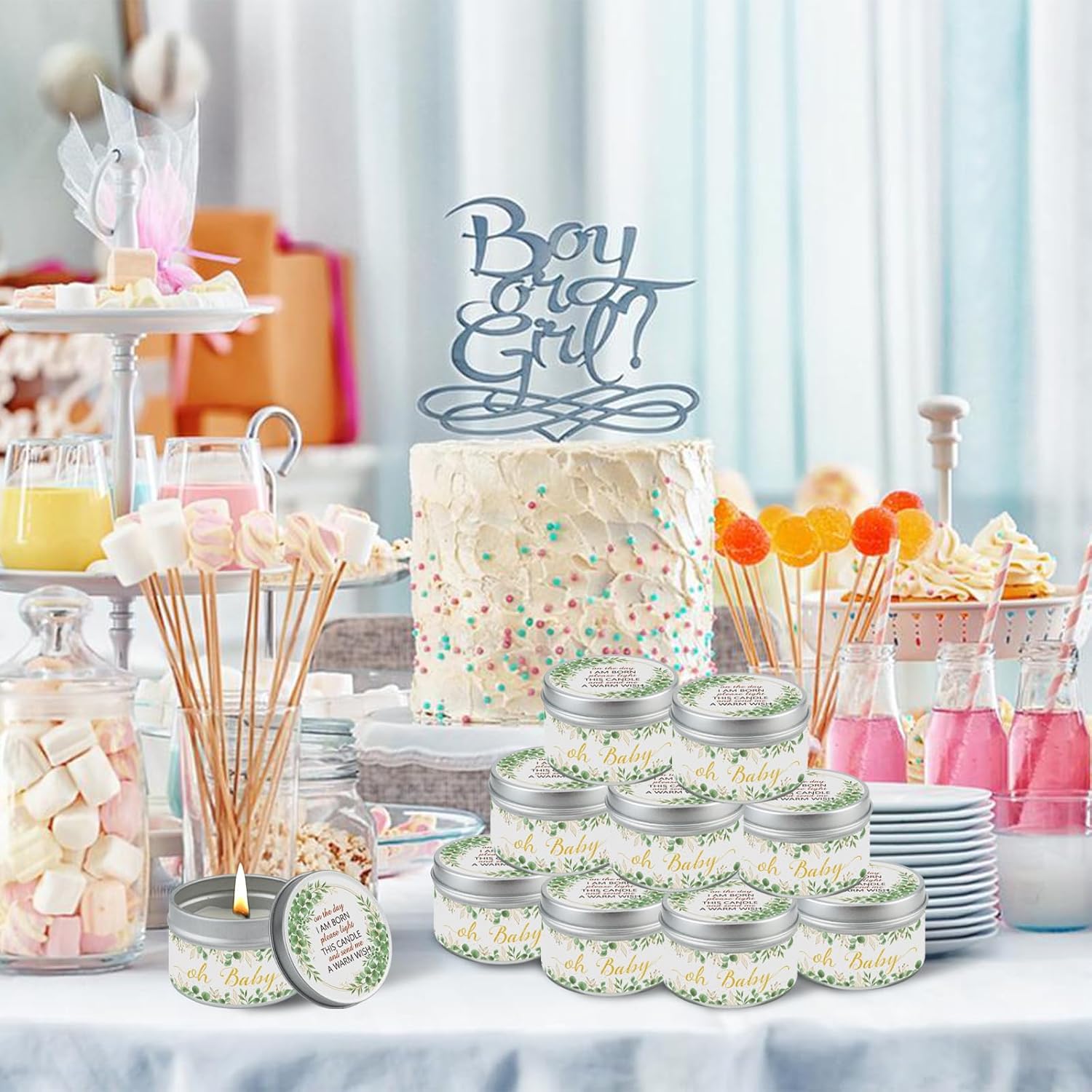 24Pcs Eucalyptus Leaf Baby Shower Party Candles, Lavender Scented Candles for Baby Shower Party Favors, Christening & Birthday Parties, Gender Reveal Return Gifts