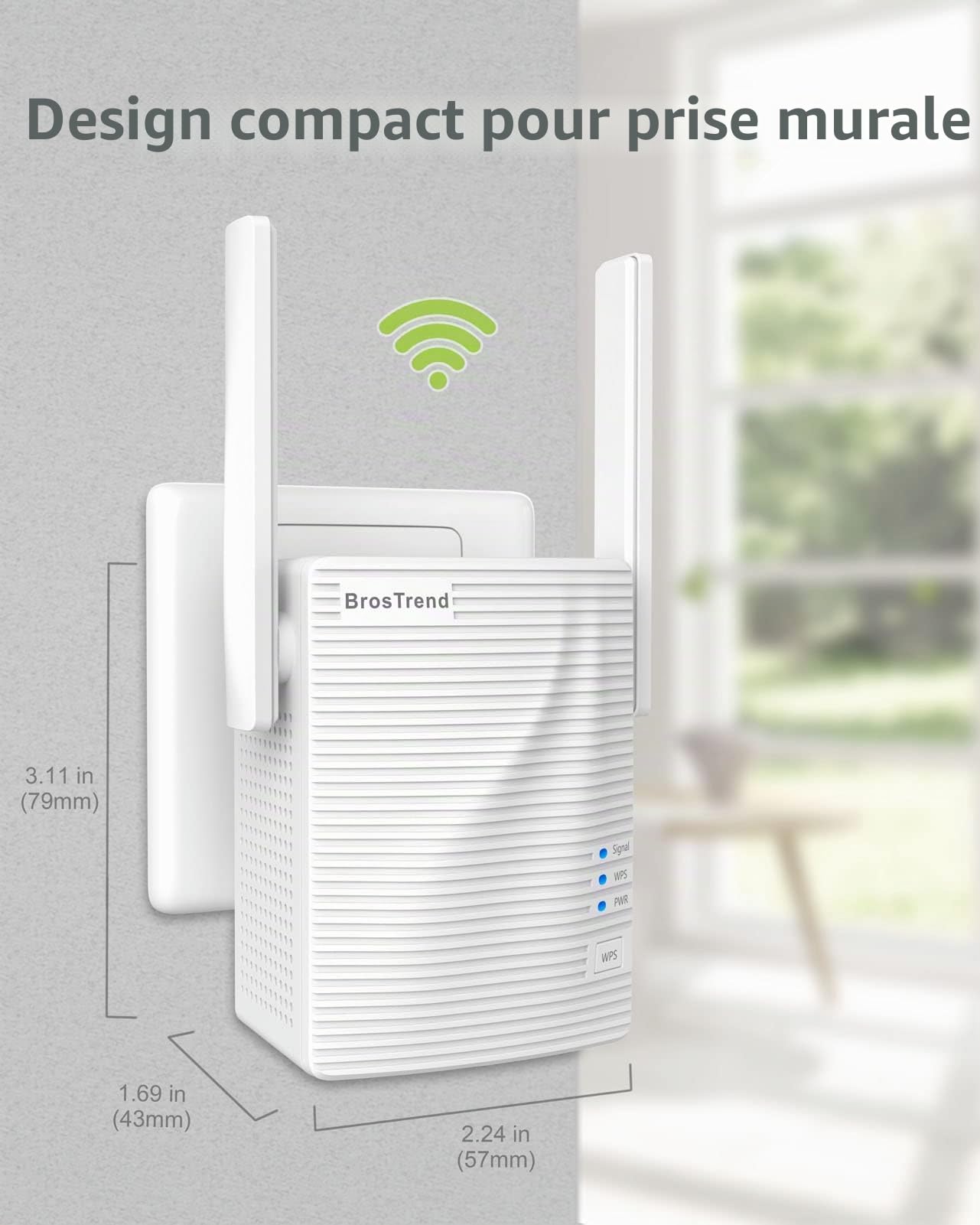 BrosTrend Répéteur WiFi AC1200Mbps, Amplificateur WiFi, WiFi Extender, Booster WiFi, Couverture WiFi Étendue 5 GHz & 2,4 GHz Double Bande, Compatible avec Toutes Les Box Internet, 1 Port Ethernet