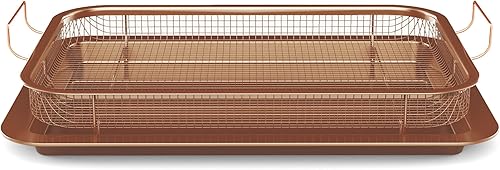 HONGBAKE Cesta para freidora de aire para horno, sartén antiadherente de 15.1 x 10.6 pulgadas con bandeja para freír aire, 2 accesorios para freír