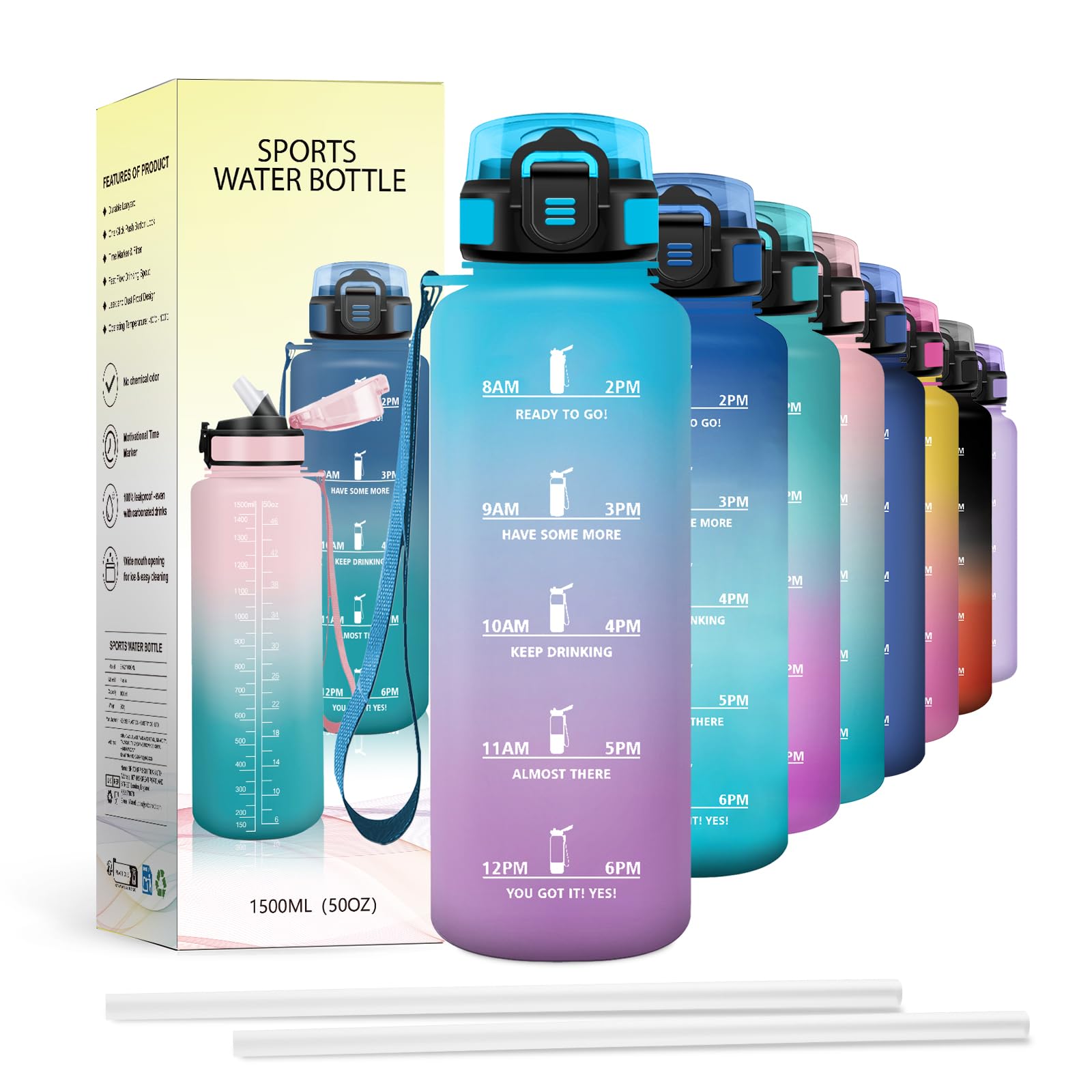 JAPORIA 1.5L Water Bottle Motivational Water Bottle with Straw Time Indicator Leakproof Reusable for Gym Camping Work