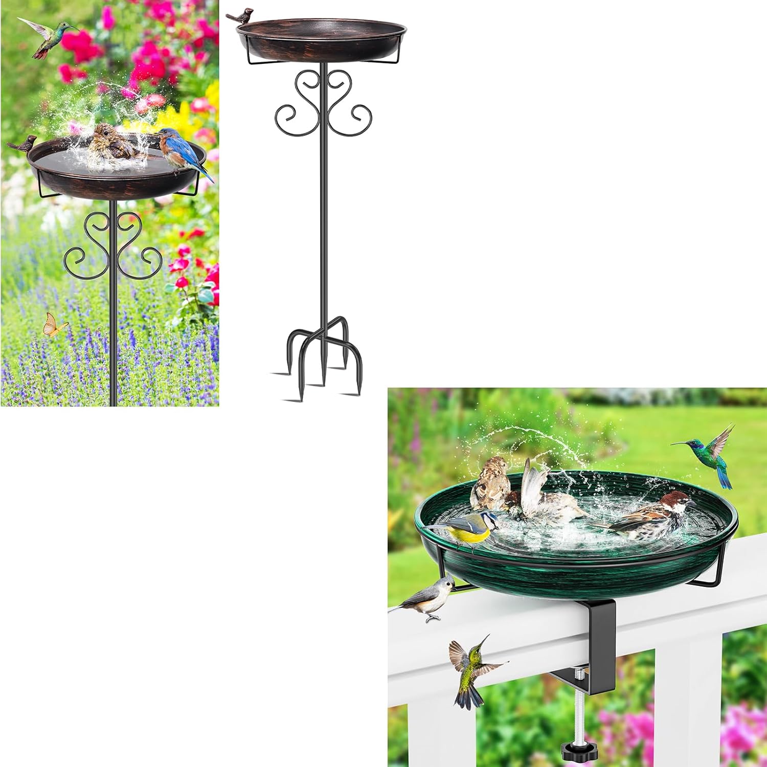 Deck Mounted Bird Bath for Outdoors+Metal Bird Bath for Outside, Vintage Freestanding Birdbaths with Metal Stake for Outdoors Garden Patio Yard Lawn Decor