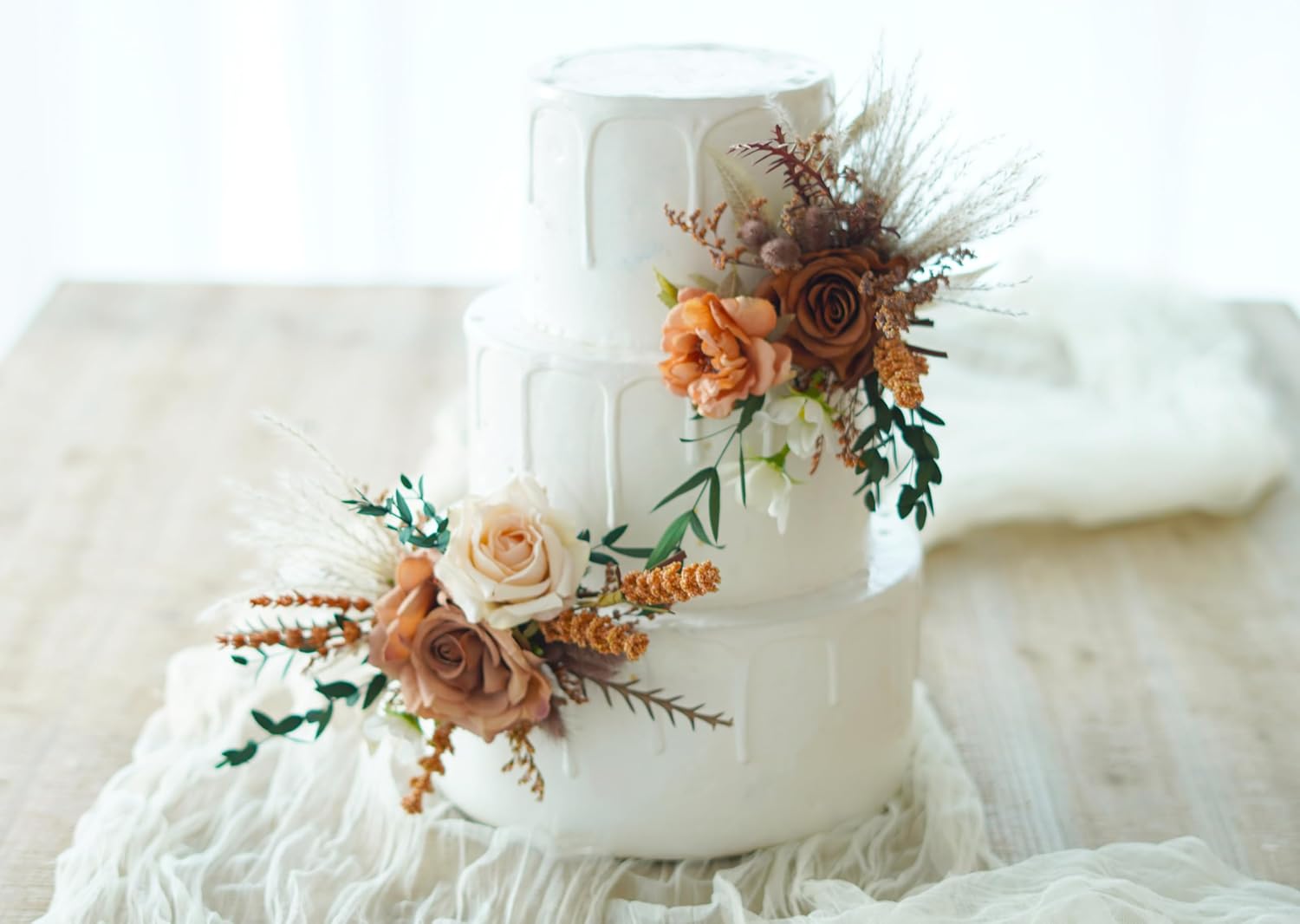 Two tiers Cake Topper Arrangements，Terracotta and Orange Flowers Wedding Cake Decorations,Beige Pampas Grass Artificial cake Toppers
