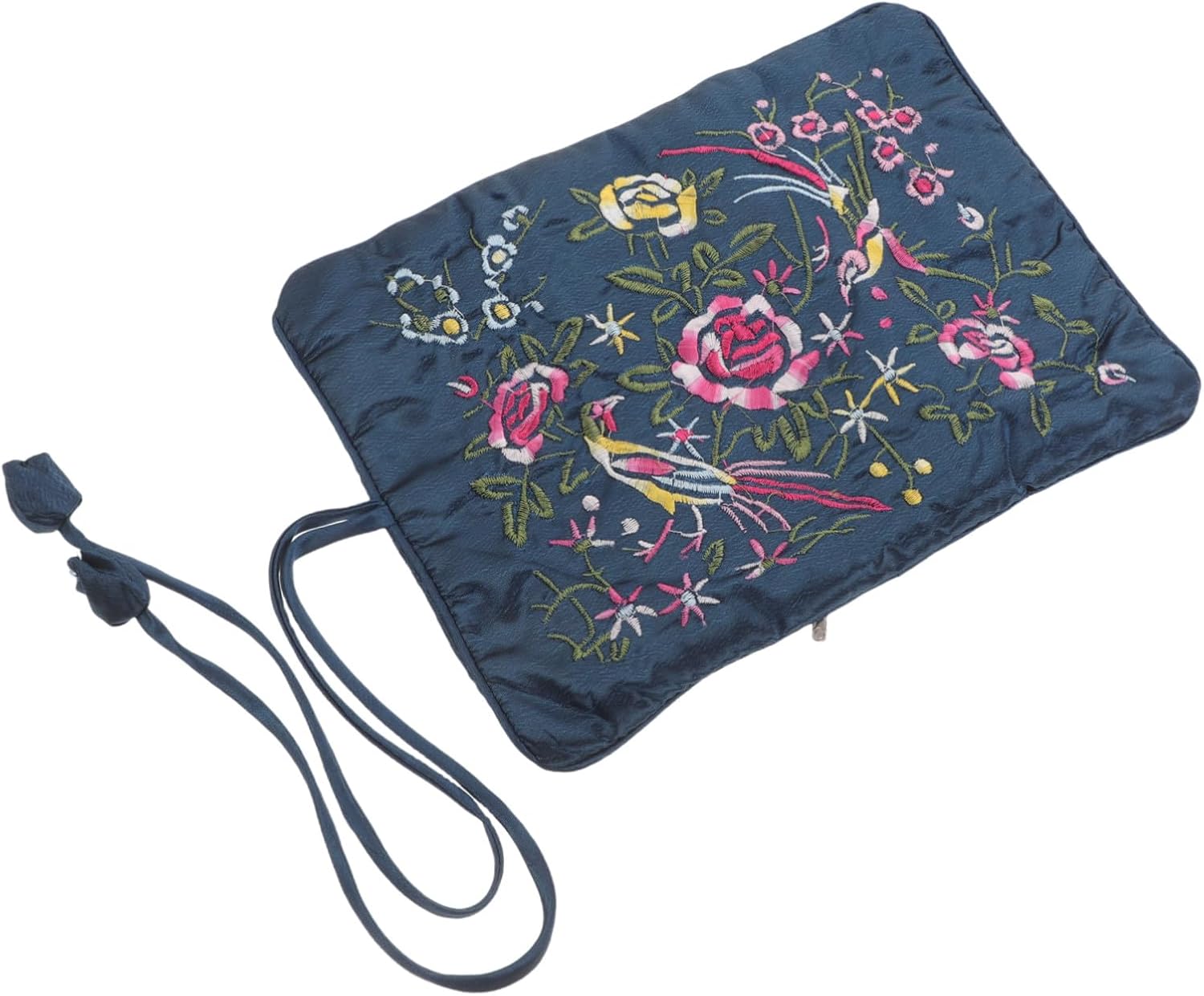Portable Embroidered Jewelry Roll Case Large Travel Organizer Pouch for Necklaces Bracelets Earrings Rings Blue Compact Storage Bag