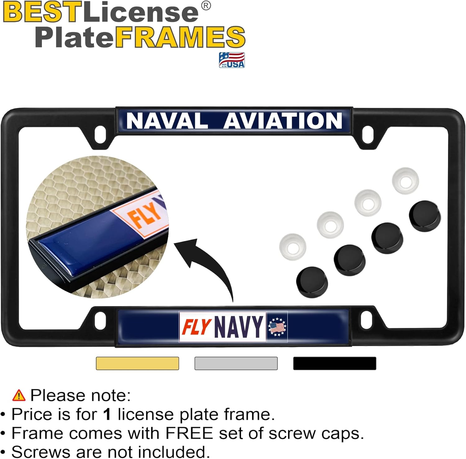 [U.S. Navy Officially Licensed Product] - Fly Navy Naval Aviation - Domed Custom-Made Personalized Narrow (Thin) Top 4 Hole Metal Car License Plate Frame with Free caps - Black (Quantity: 1 Frame)