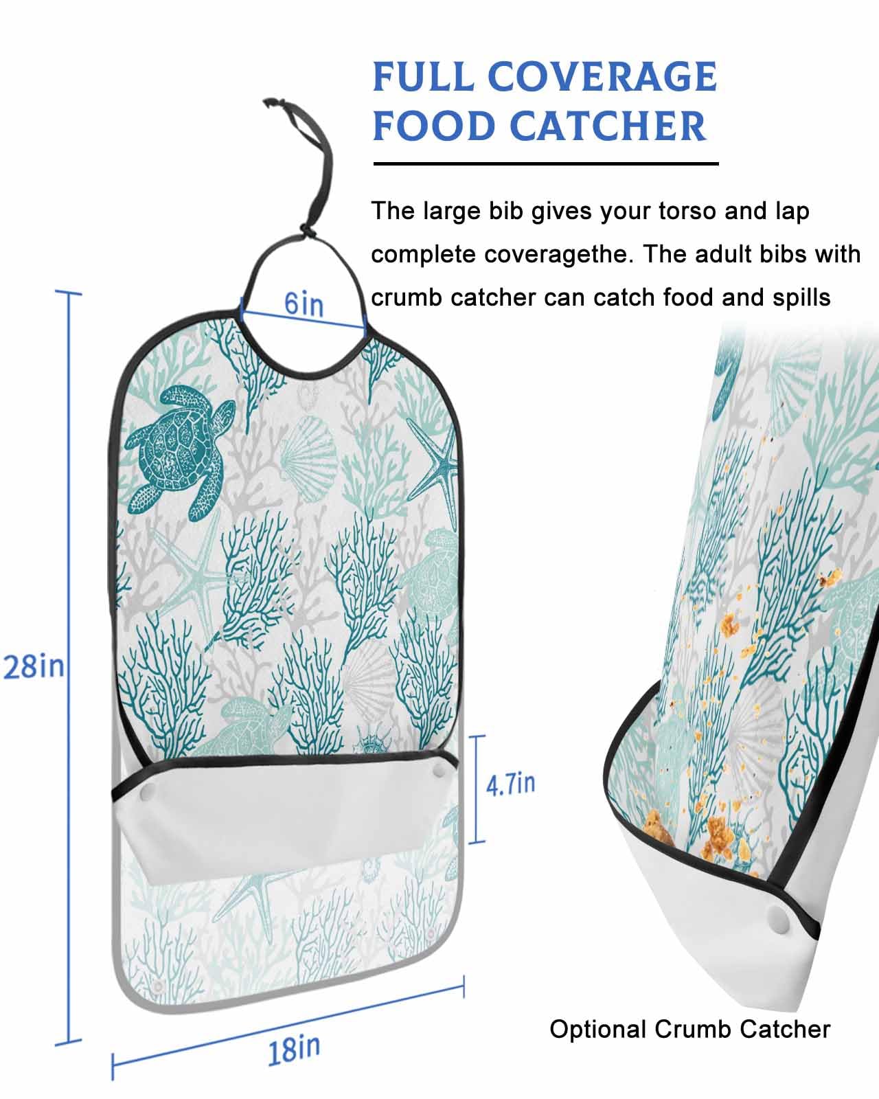 LEOKOTI Turquoise Coastal Adult Bibs for Eating, Waterproof Bibs with Food Catcher & Adjustable Snap Closure, Sea Turtle Nautical Coral Summer Beach Washable Clothing Protectors Adult Bibs for Elderly