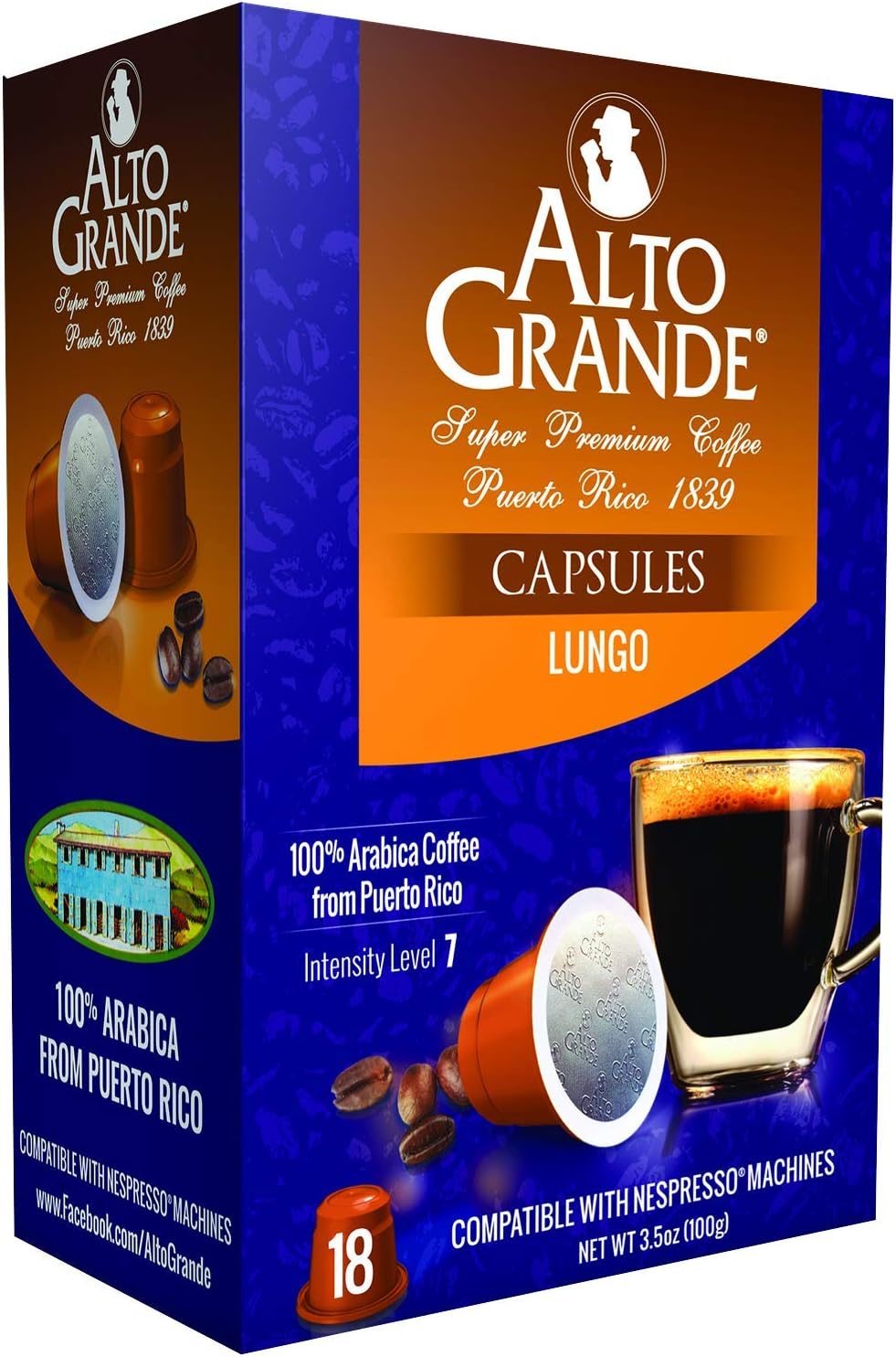 Alto Grande Super Premium Capsules for Nespresso Machines, 100 Percent Arabica Coffee From Puerto Rico (Lungo, 18 Count)