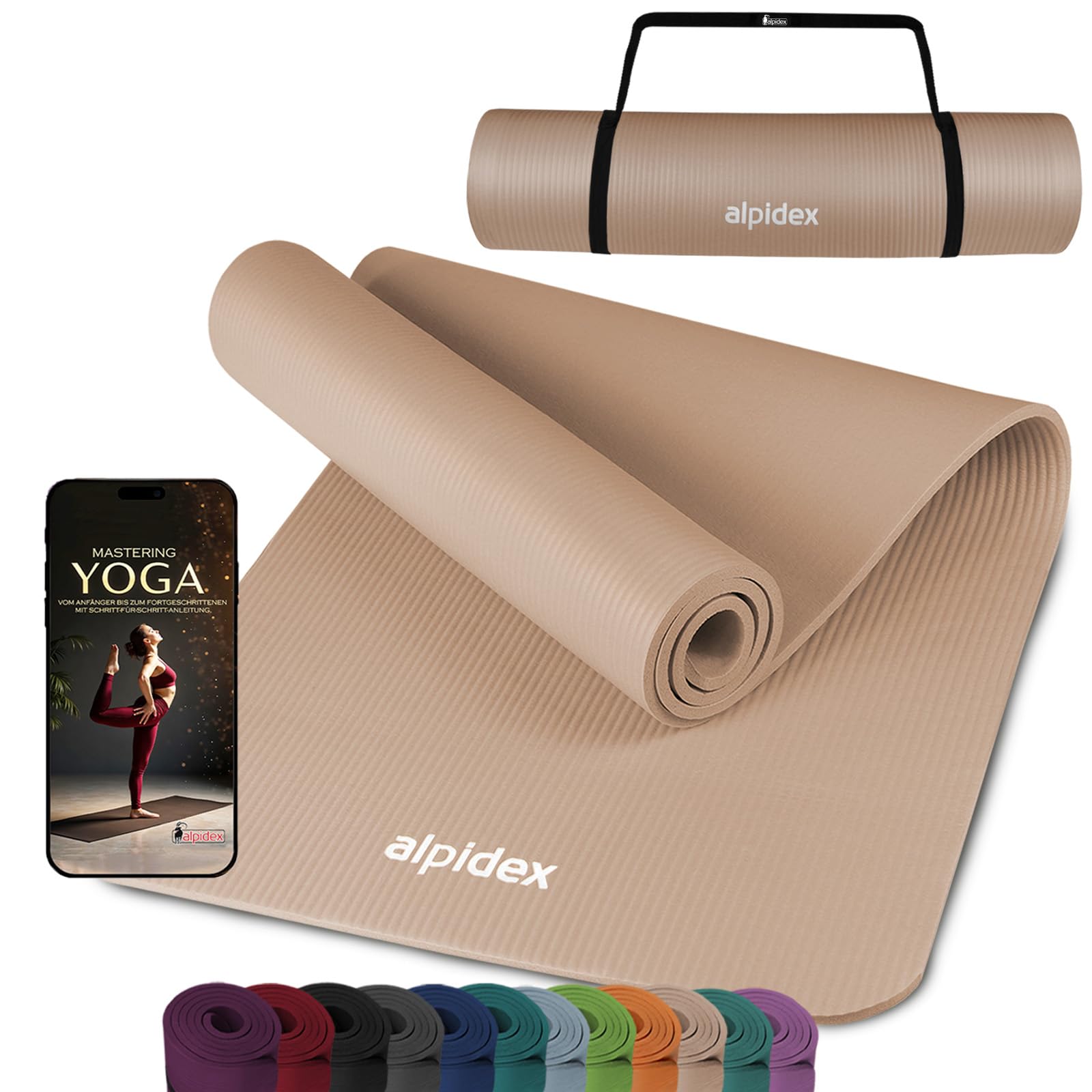 ALPIDEX Yogamatte 183 x 60 x 0.8 cm Phthalatfreie Fitness Matte E-Book Tragegurt rutschfest Gymnastik Turnen Pilates Sport Physio HIIT Yoga Trainingsmatte Isomatte Hautfreundlich, Cream