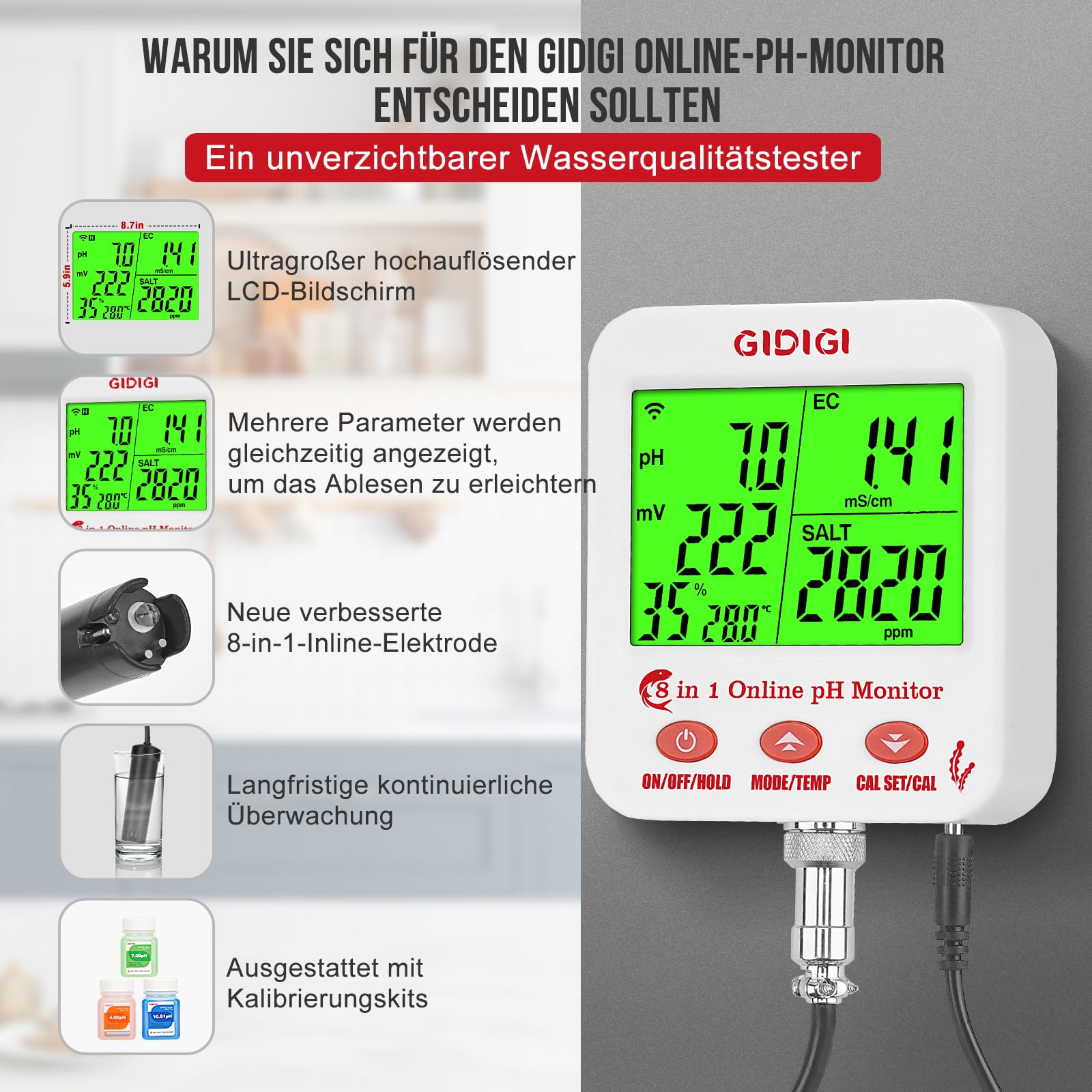 8-in-1 WiFi Water Smart pH/EC/TDS/Salz Messgerät mit ORP, Feuchtigkeits und Temp, Digitaler Hydrokultur Nährstoffmonitor und Salzgehalttester für Aquarium, Fischtank