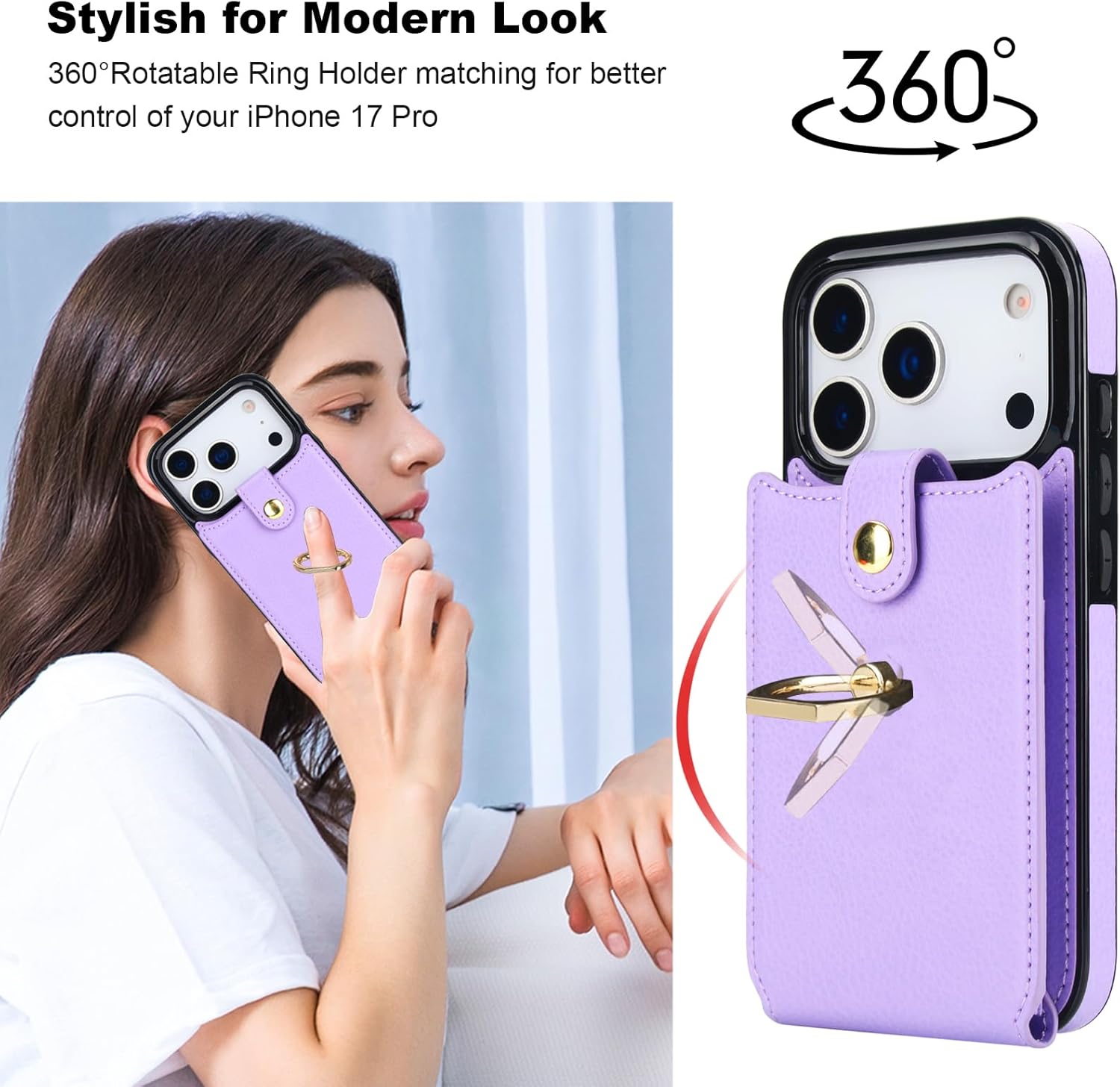 Folosu Compatible with iPhone 17 Pro Case Wallet with Card Holder, 360°Rotation Finger Ring Holder Kickstand, RFID Blocking Leather Protective Double Buttons Shockproof Cover 6.3 Inch Purple - Image 3