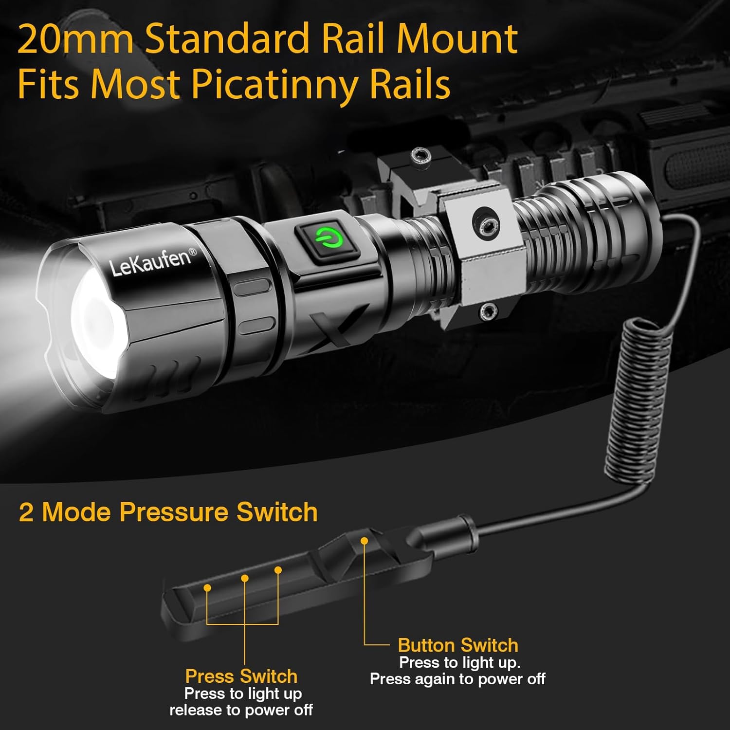 6000 Lumens XHP70 Tactical Flashlight for Rifle - Picatinny Rails Mount Flashlight with Pressure Switch, 5 Modes Adjust Focus Rechargeable Picatinny Flashlight for Tactical Outdoor