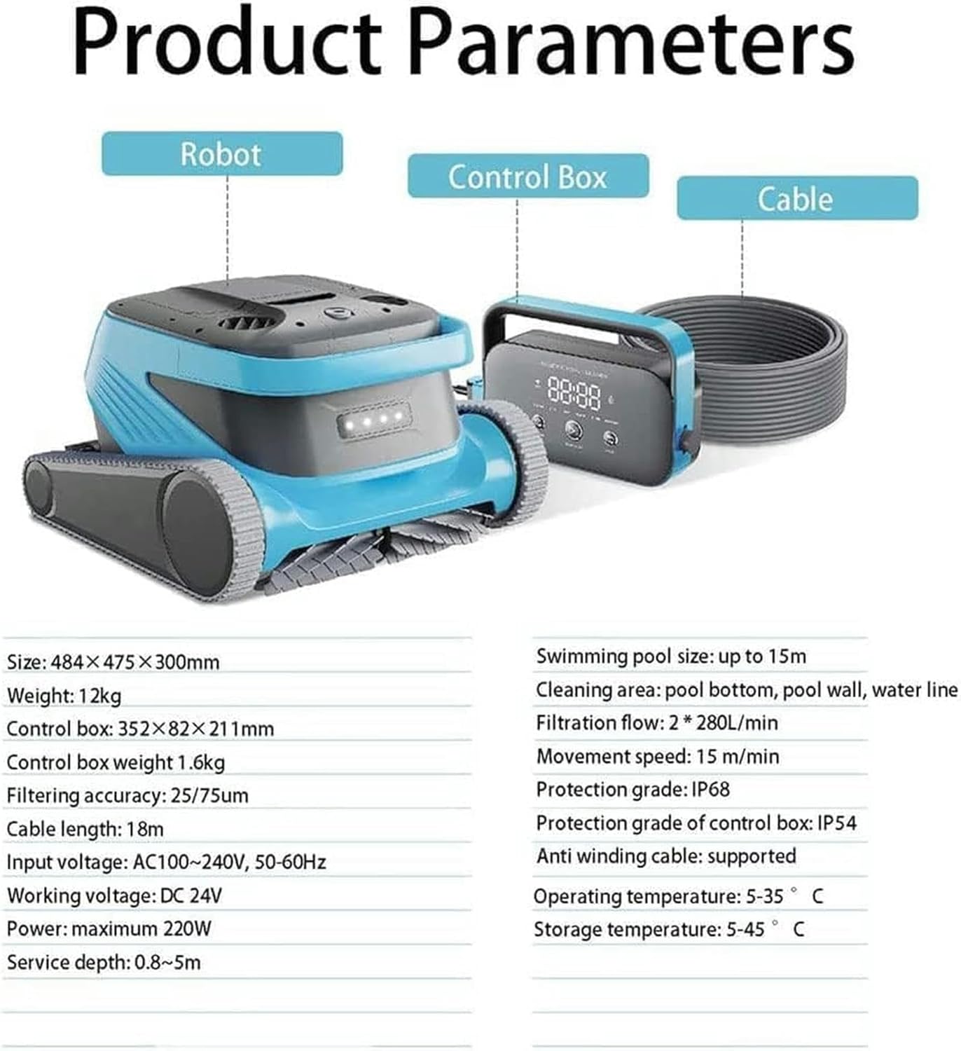 Fully Automatic Robotic Pool Cleanser, 90 ° Wall Climbing Pool Vacuum Cleaner with Application Control, 6 L Super Large Filter Filter Baskets, for Pool On/on The Ground