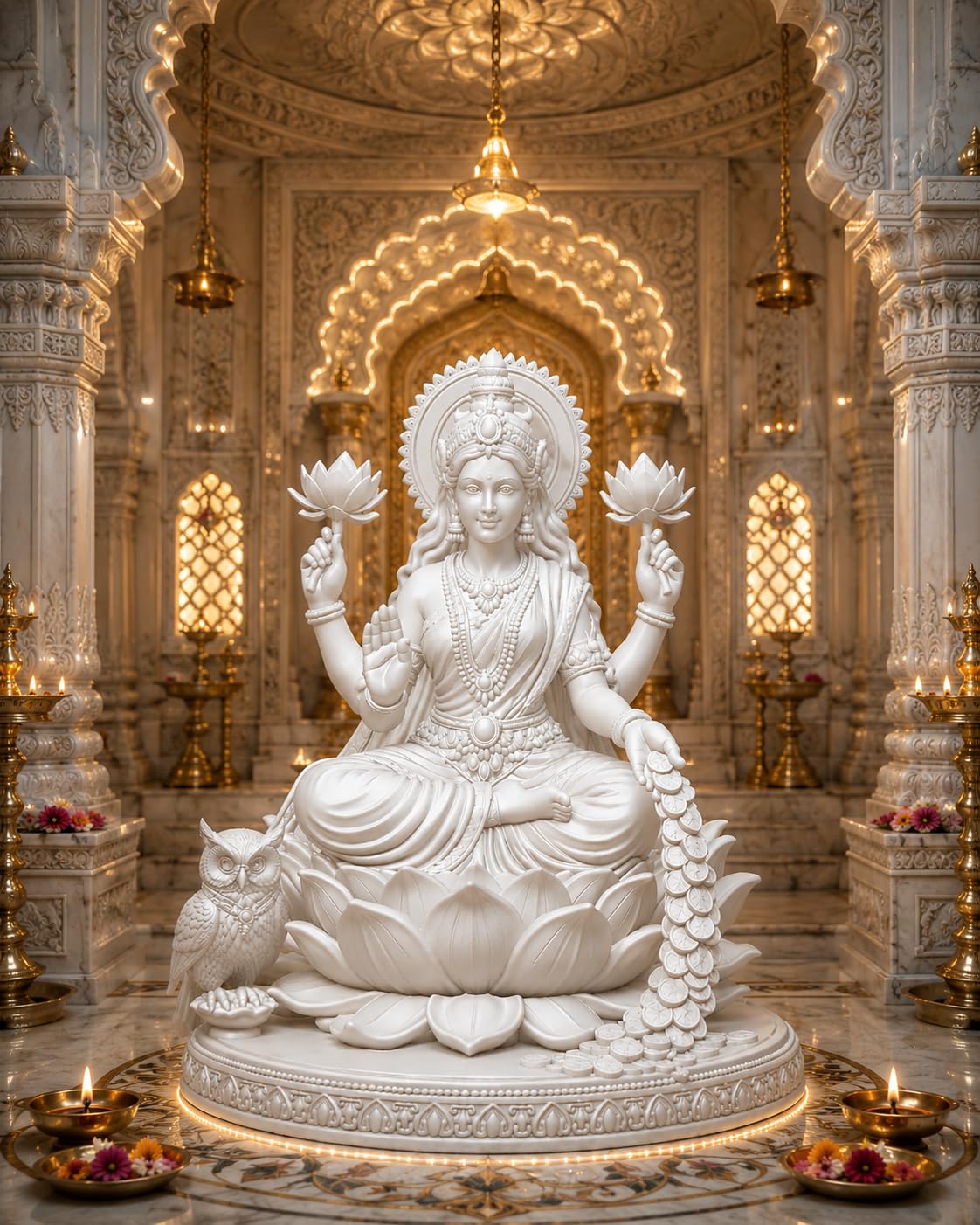 Premium White Lakshmi MATA Statue - Polymer Goddess Laxmi Idol on Lotus with Owl - Shatterproof Wealth & Prosperity Murti for Home Mandir, Diwali Puja & Gifting - 18 cm-image-43