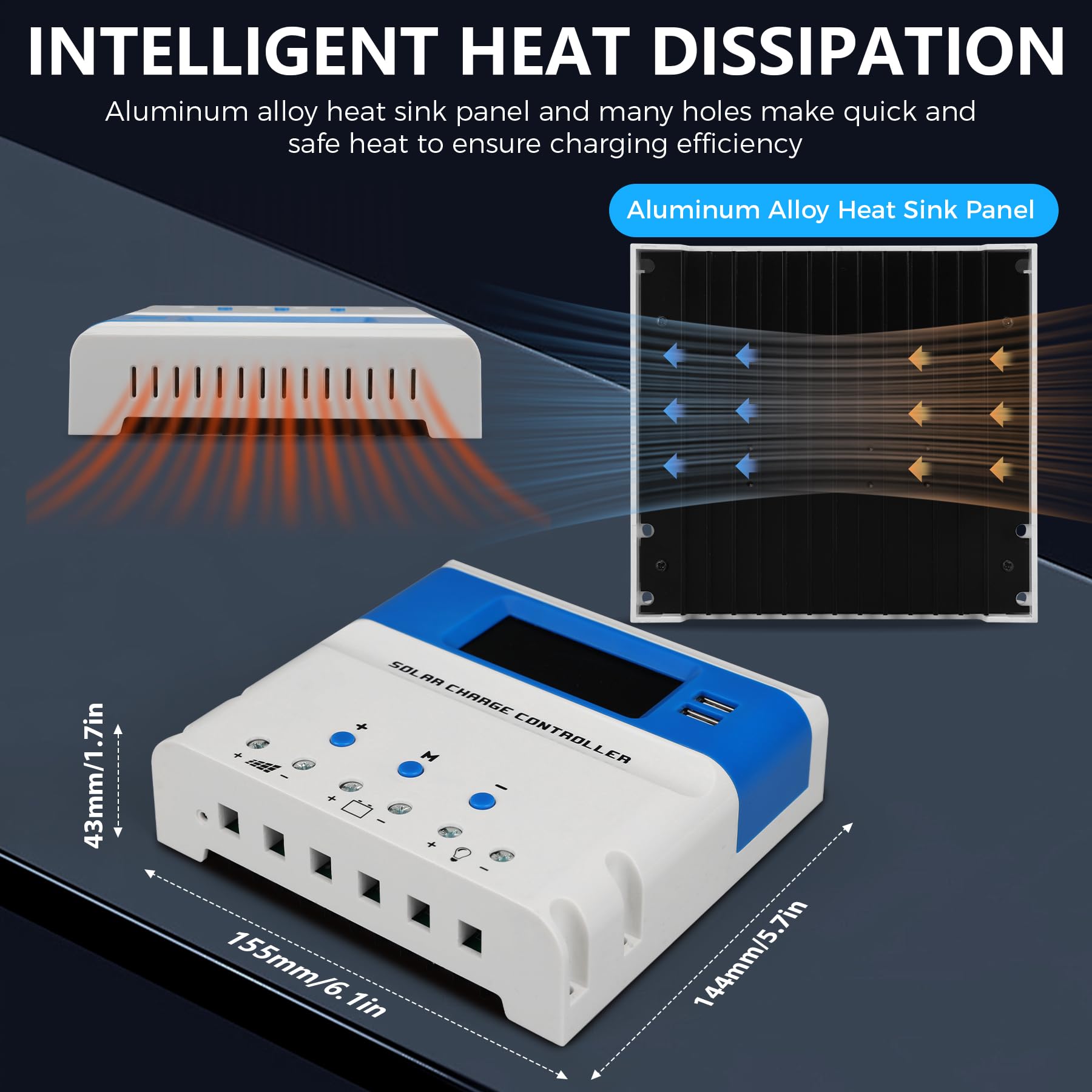 60A PWM Regolatore di Carica 12V/24V/48V Auto,60A Regolatore di Carica Pannello Solare Display LCD Doppia Porta USB,12V/24V/48V Regulador de Carga Solar Controller per Batterie GEL/SLD/FLD/LI