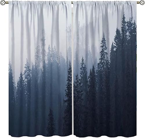 Miniatura 7 de Cortinas de bosque natural, bosque brumoso, cortinas de naturaleza de acuarela verde, bosque, pino, montaña, cortinas de ventana para sala de estar,