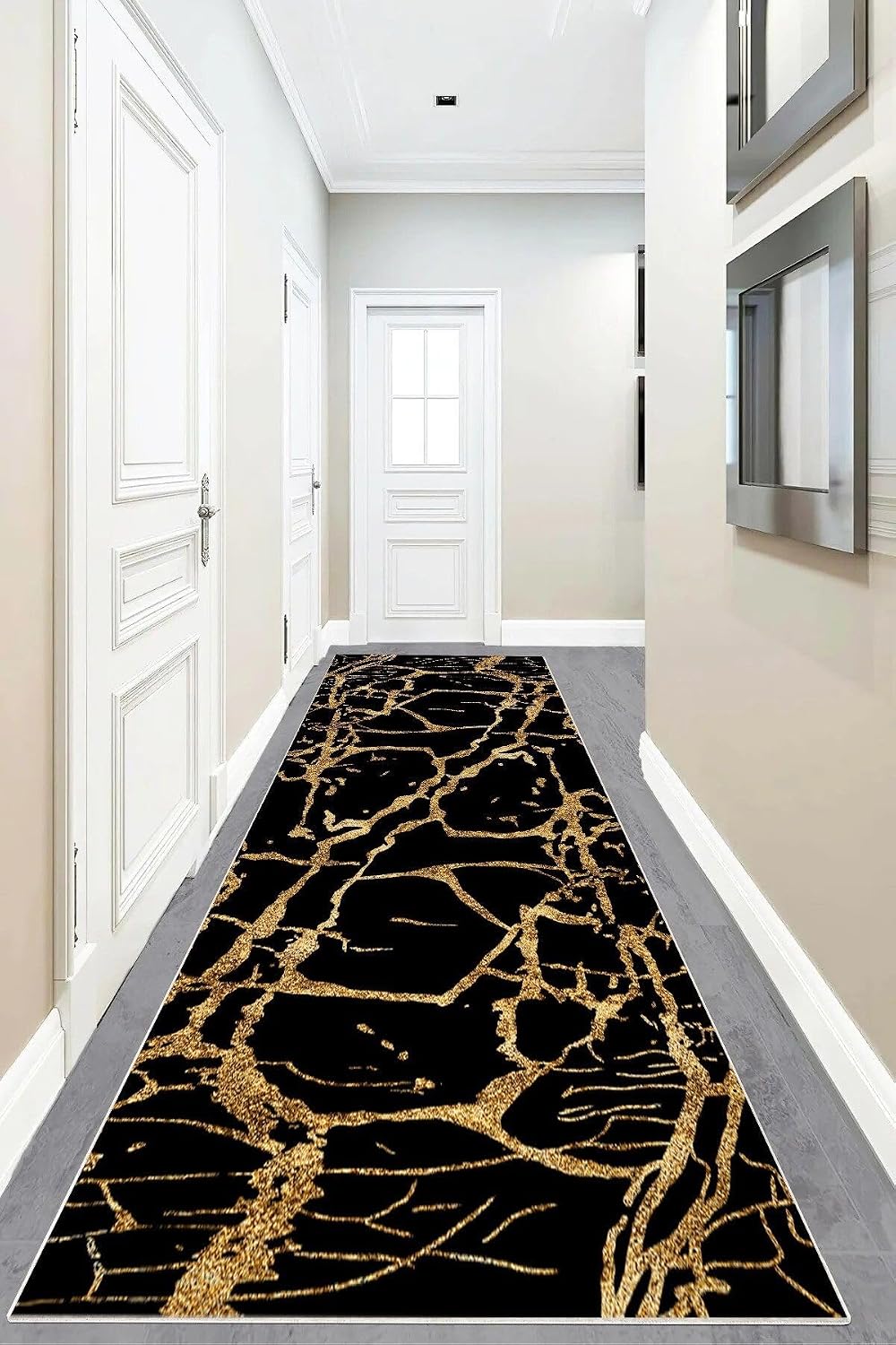 Pelangi Mermer Desenli Dijital Baskı Yıkanabilir Kaymaz Taban Salon Halı ve Yolluk, Siyah-Gold 80 x 300, 9555414803007