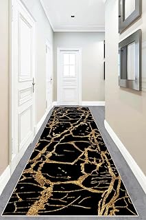Pelangi Mermer Desenli Dijital Baskı Yıkanabilir Kaymaz Taban Salon Halı ve Yolluk, Siyah-Gold 80 x 300, 9555414803007