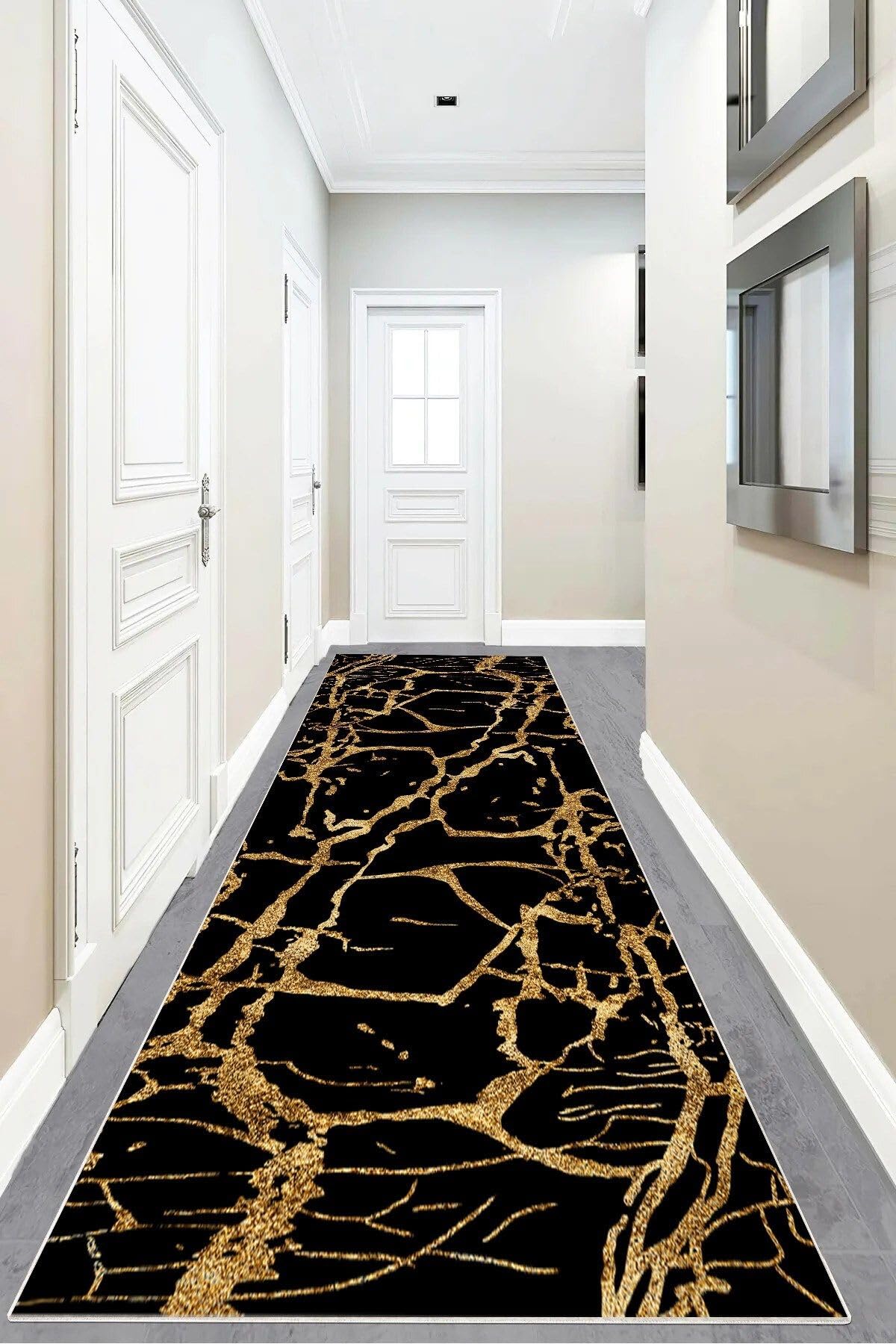 Pelangi Mermer Desenli Dijital Baskı Yıkanabilir Kaymaz Taban Salon Halı ve Yolluk, Siyah-Gold 80 x 300, 9555414803007