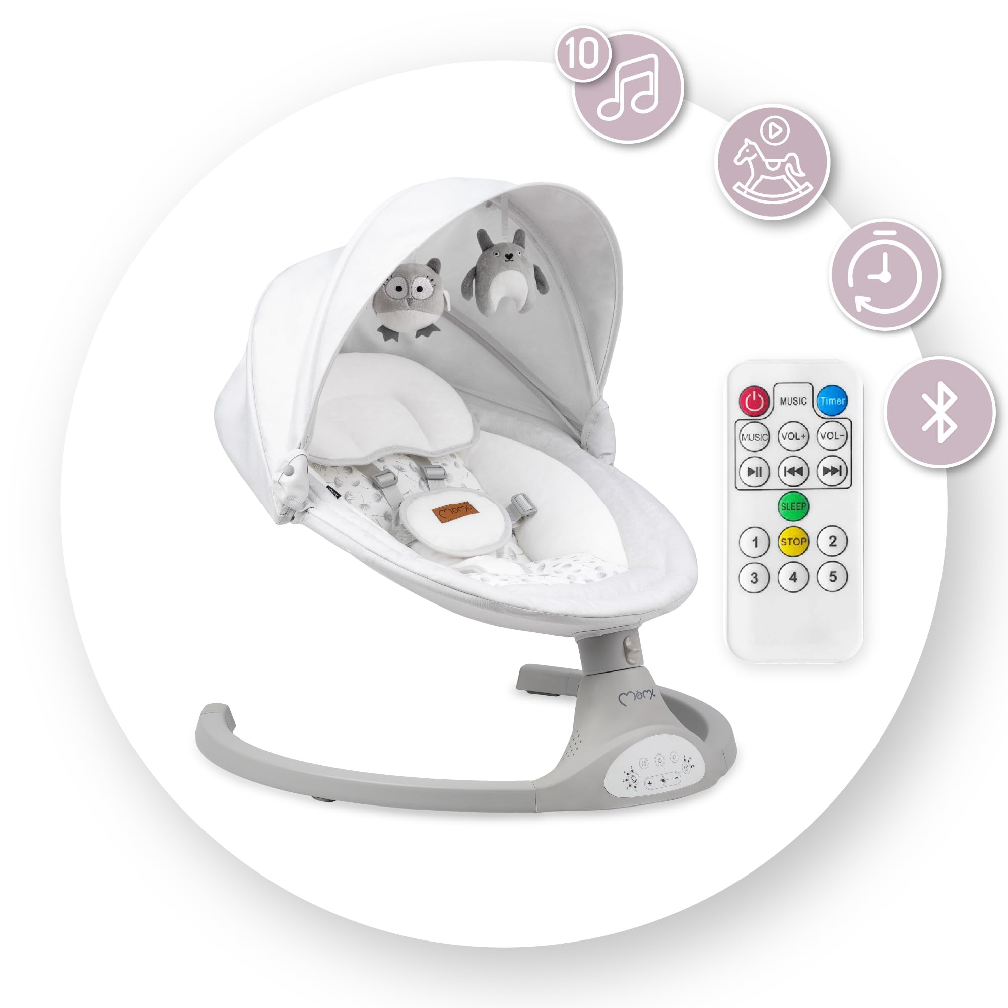 MoMi KENANI Babywippe klappbar mit Fernbedienung Bluetooth 5-Punkt-Sicherheitsgurt bis 9 kg