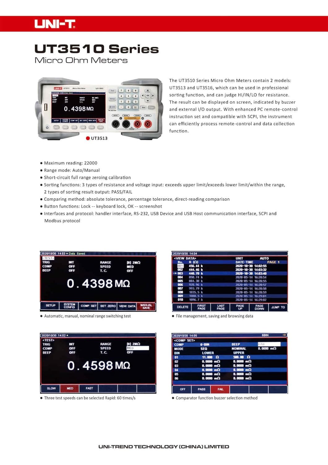 UNI-T UT3510 Series Micro Ohm Meters Handler,RS232,USB Device,USB Host ½ 2U 4.3 inches TFT LCD (UT3513 1μΩ~20kΩ)