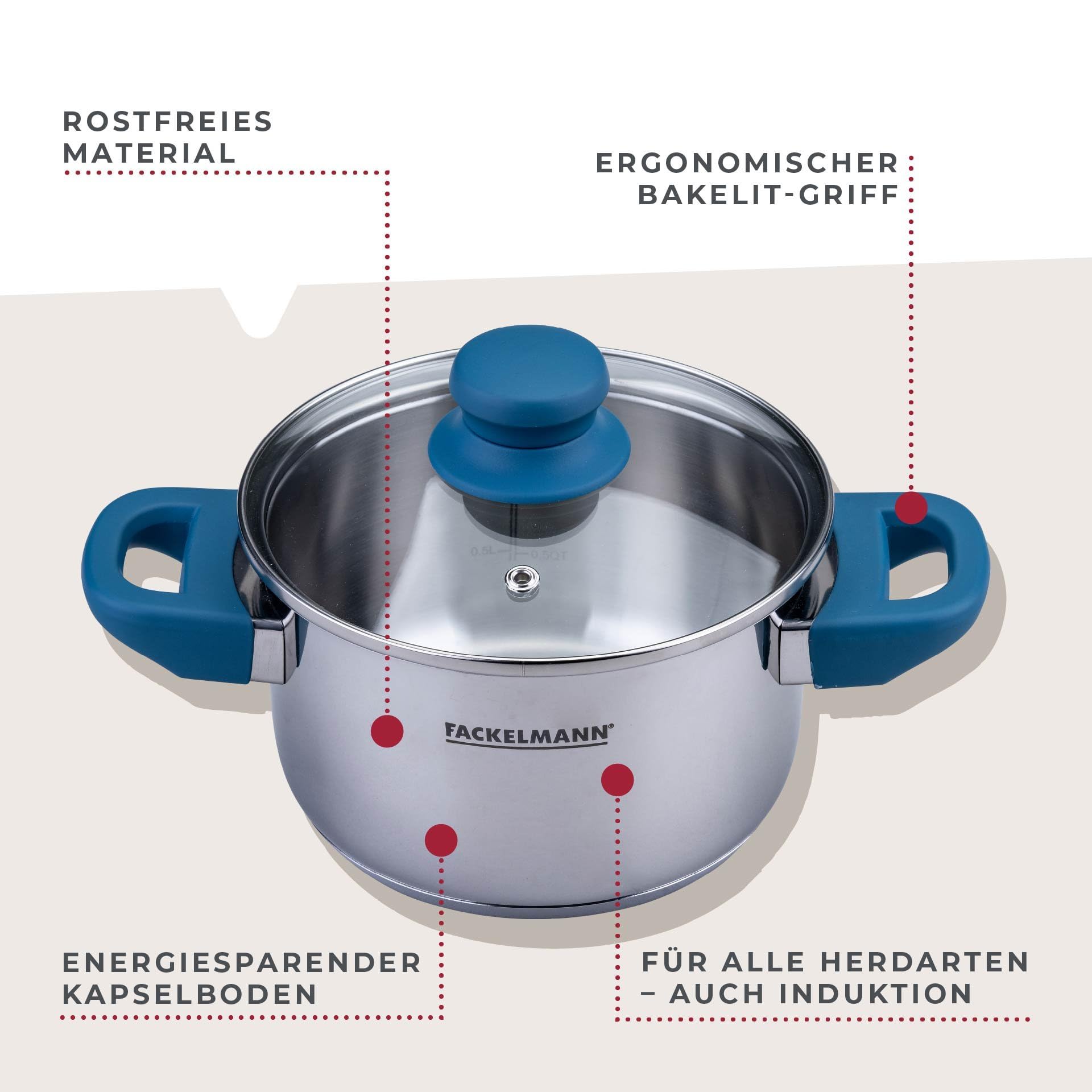 Fackelmann Pentola Essential Ø 16 cm, in acciaio inox, con manici ergonomici in bachelite, adatta a tutti i piani cottura, con scala litro